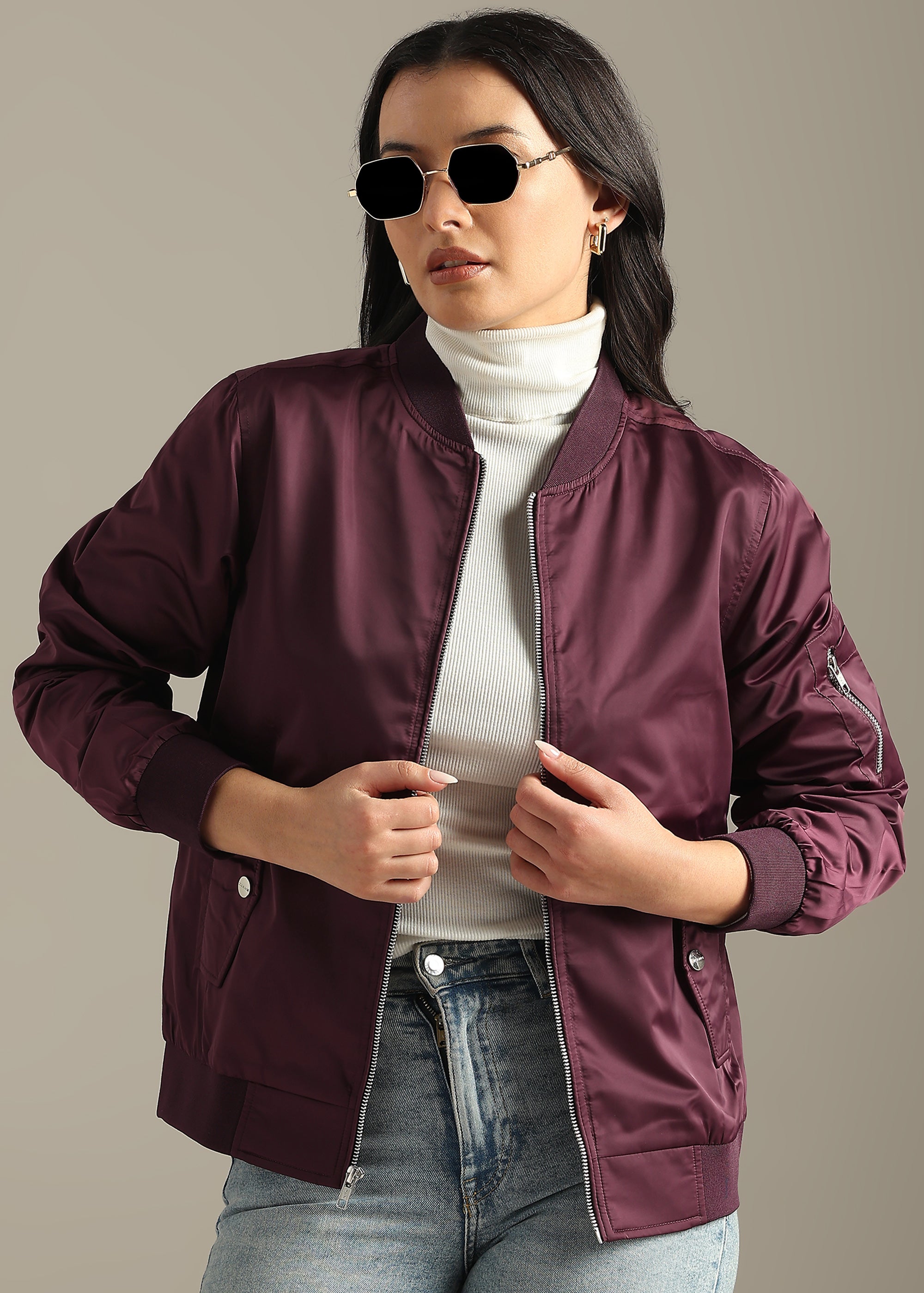 WINE SATIN BOMBER FULL SLEEVE JACKET