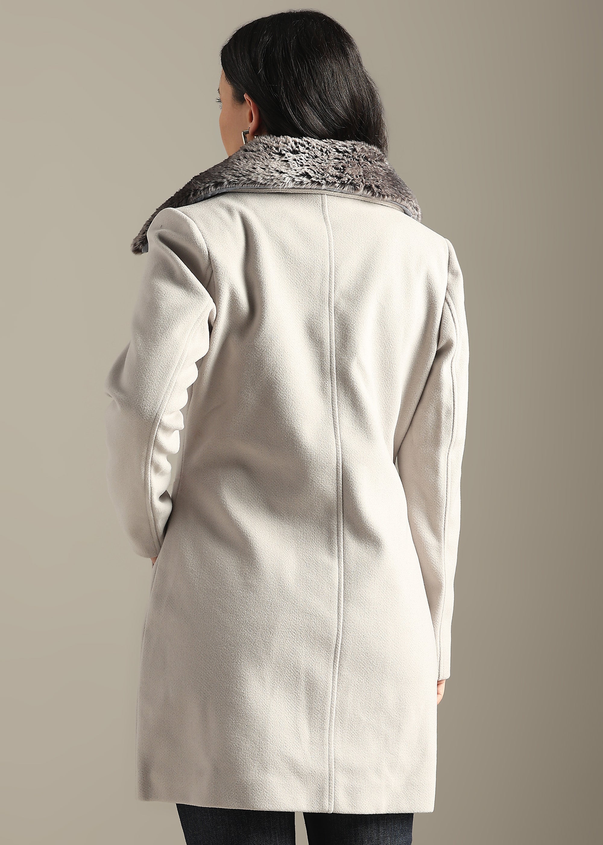 CEMENT SOLID TWEED DETACHABLE FUR COLLAR OVERCOAT