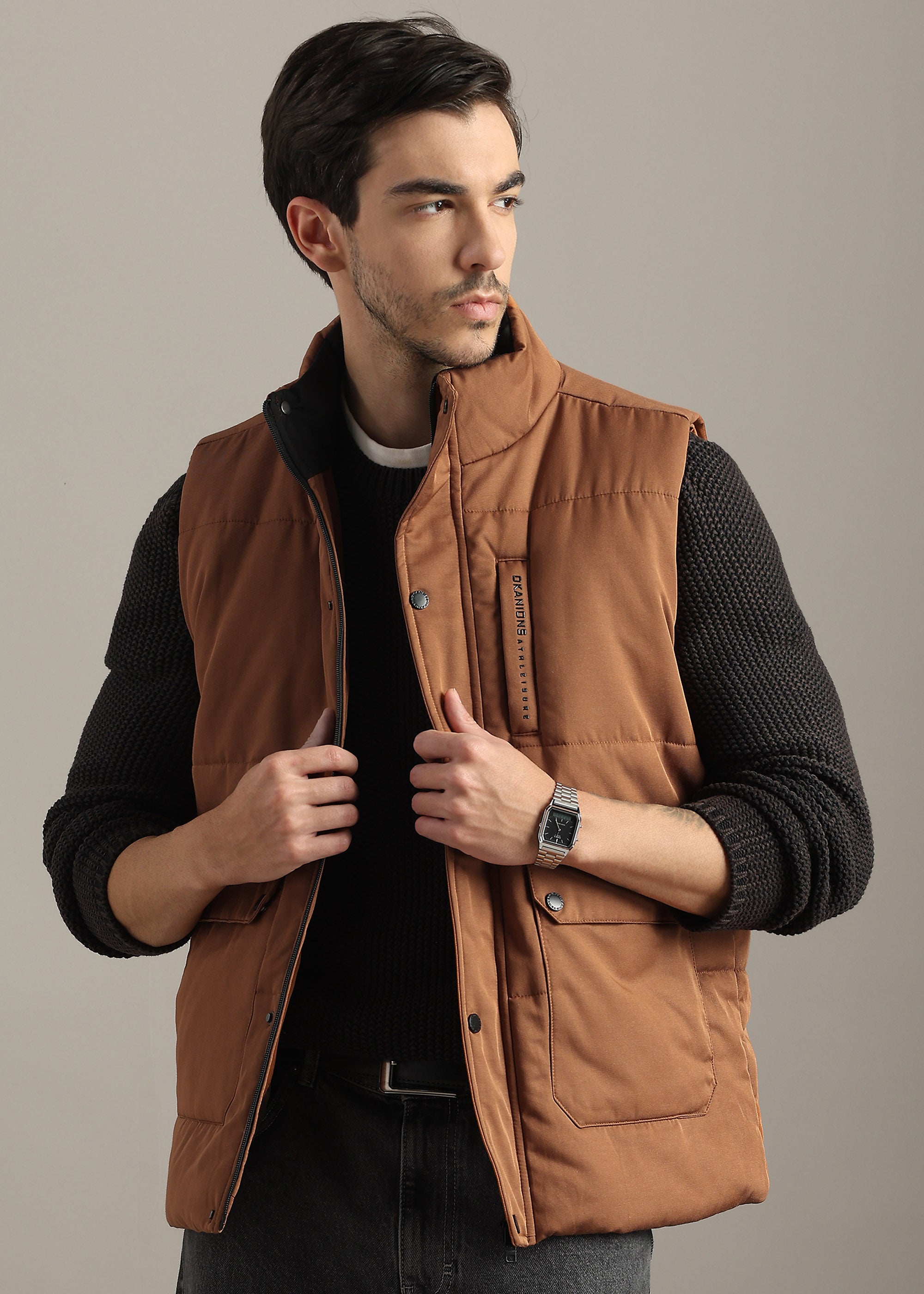 RUST SOLID FAUX COTTON CARGO GILET