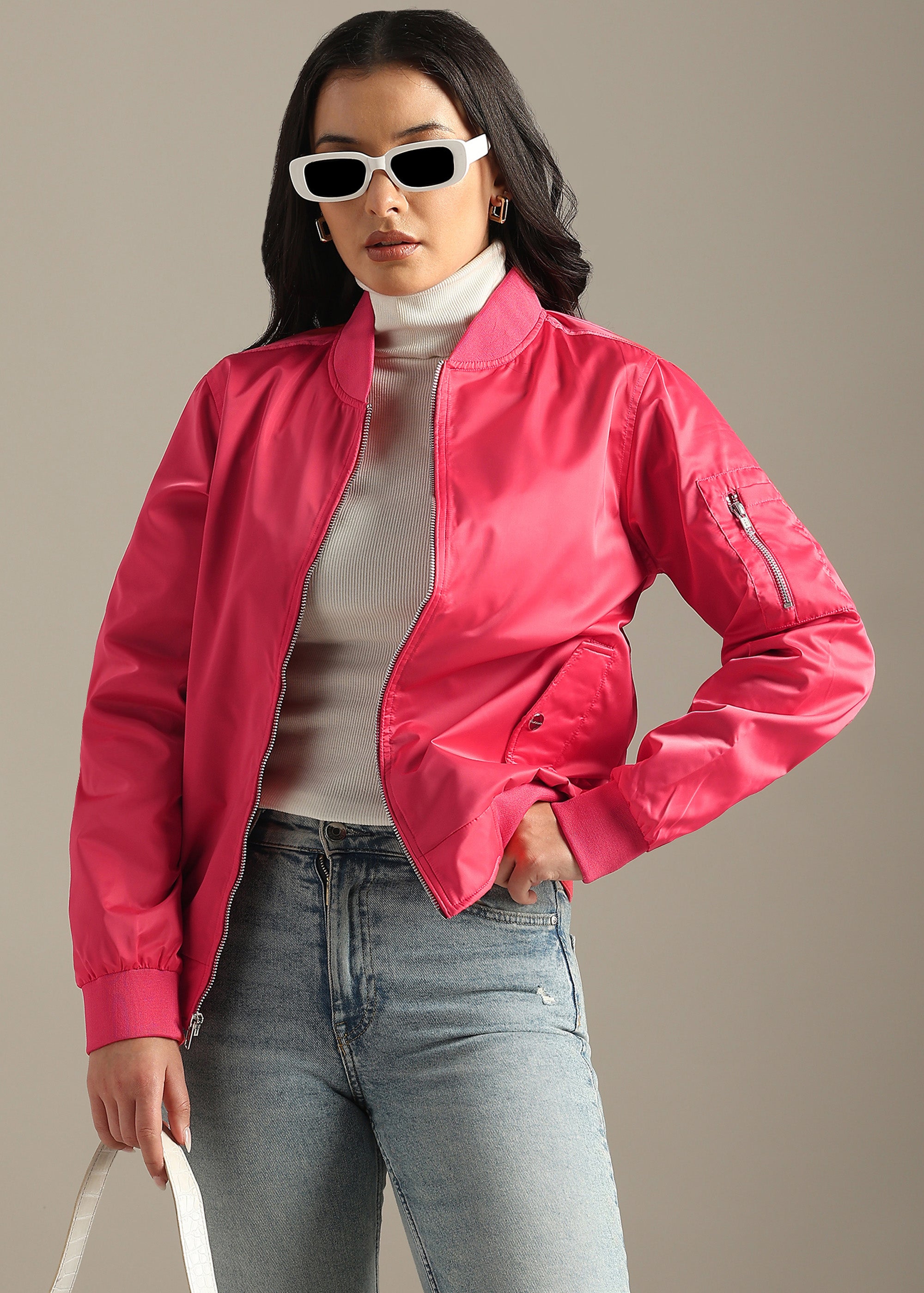 PINK SATIN BOMBER FULL SLEEVE JACKET