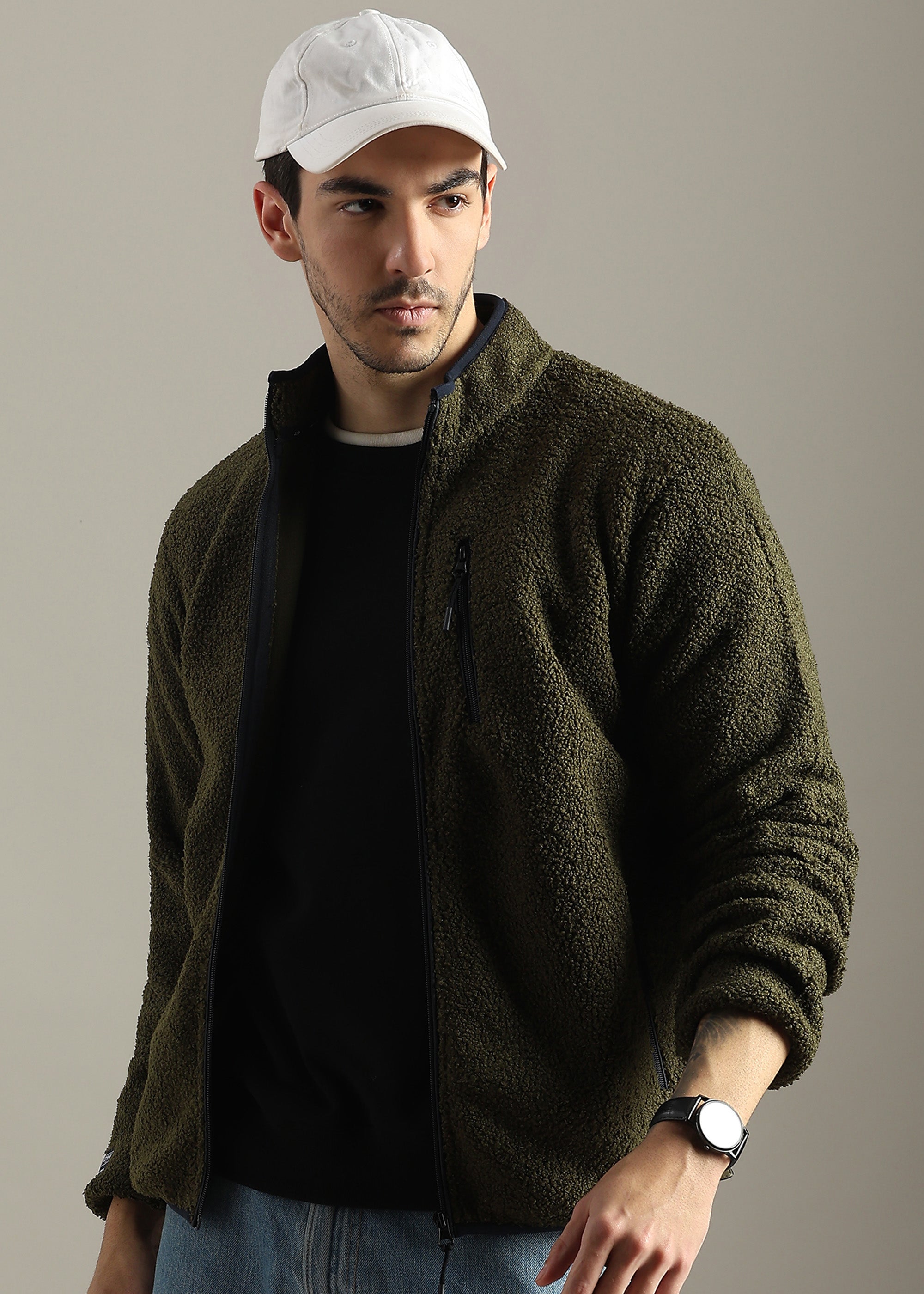 OLIVE SOLID FAUX FUR SHEARLING ZIPPER