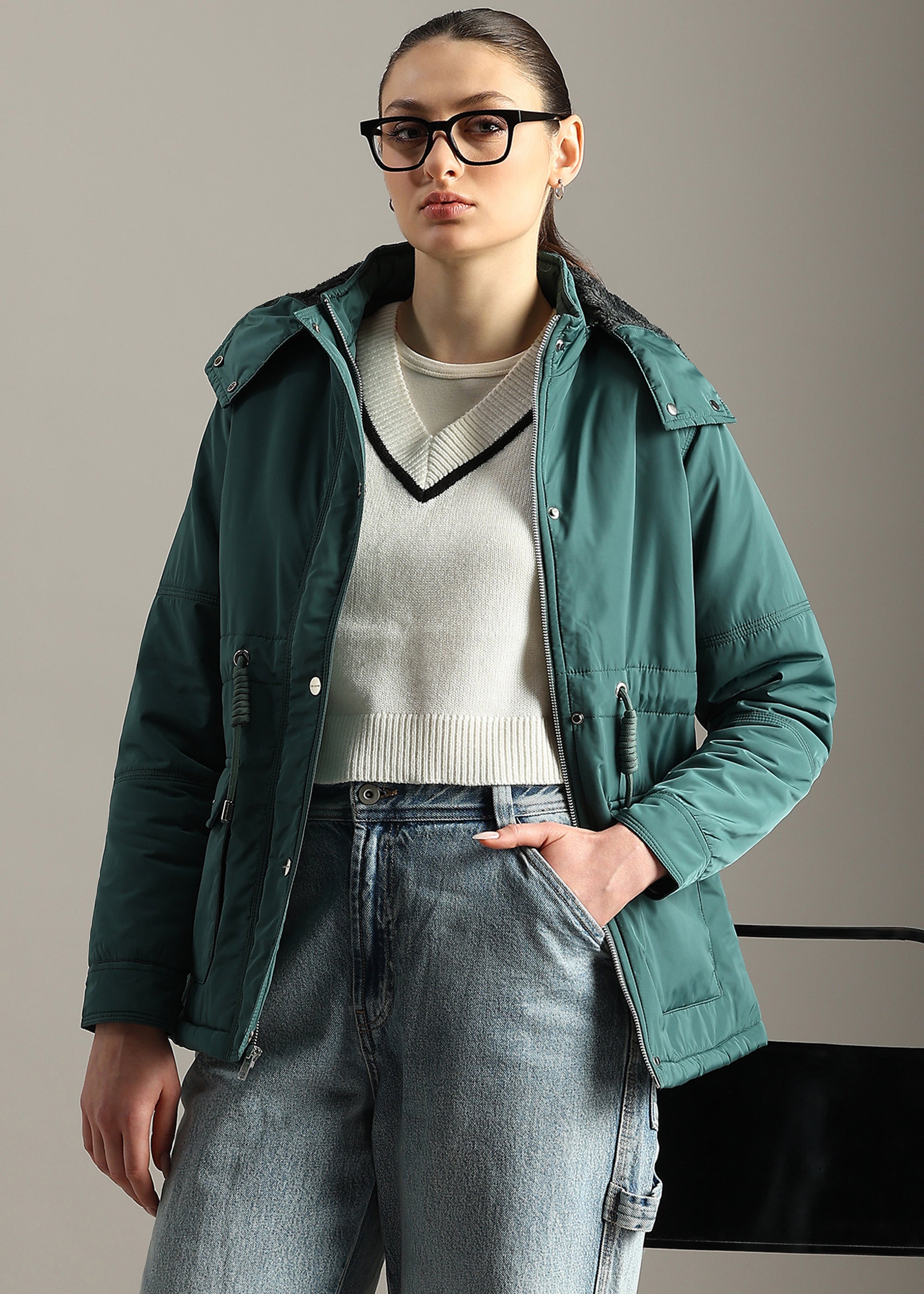 GREEN SOLID FUR PADDED PARKA FULL SLEEVE JACKET