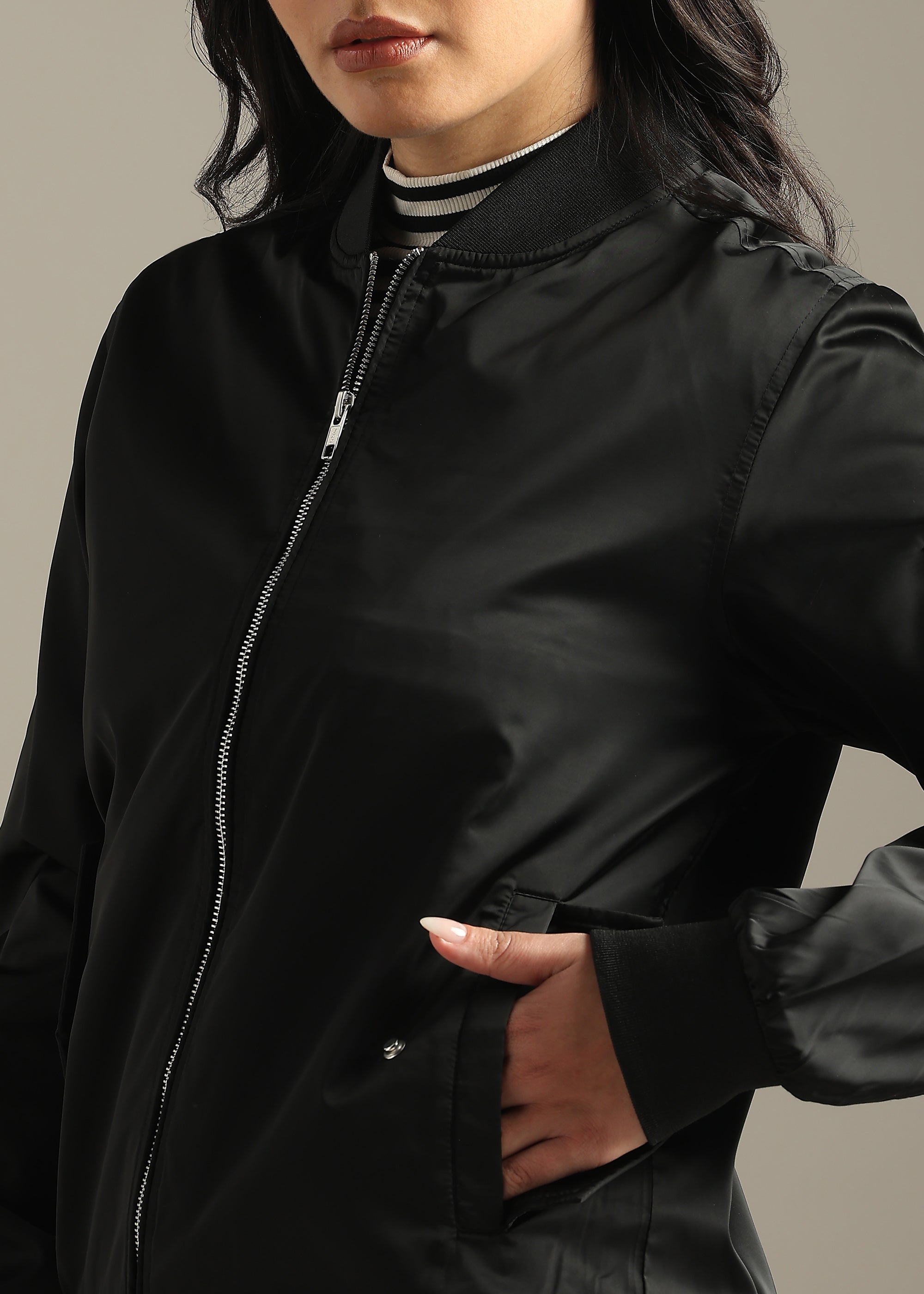 BLACK SATIN BOMBER FULL SLEEVE JACKET