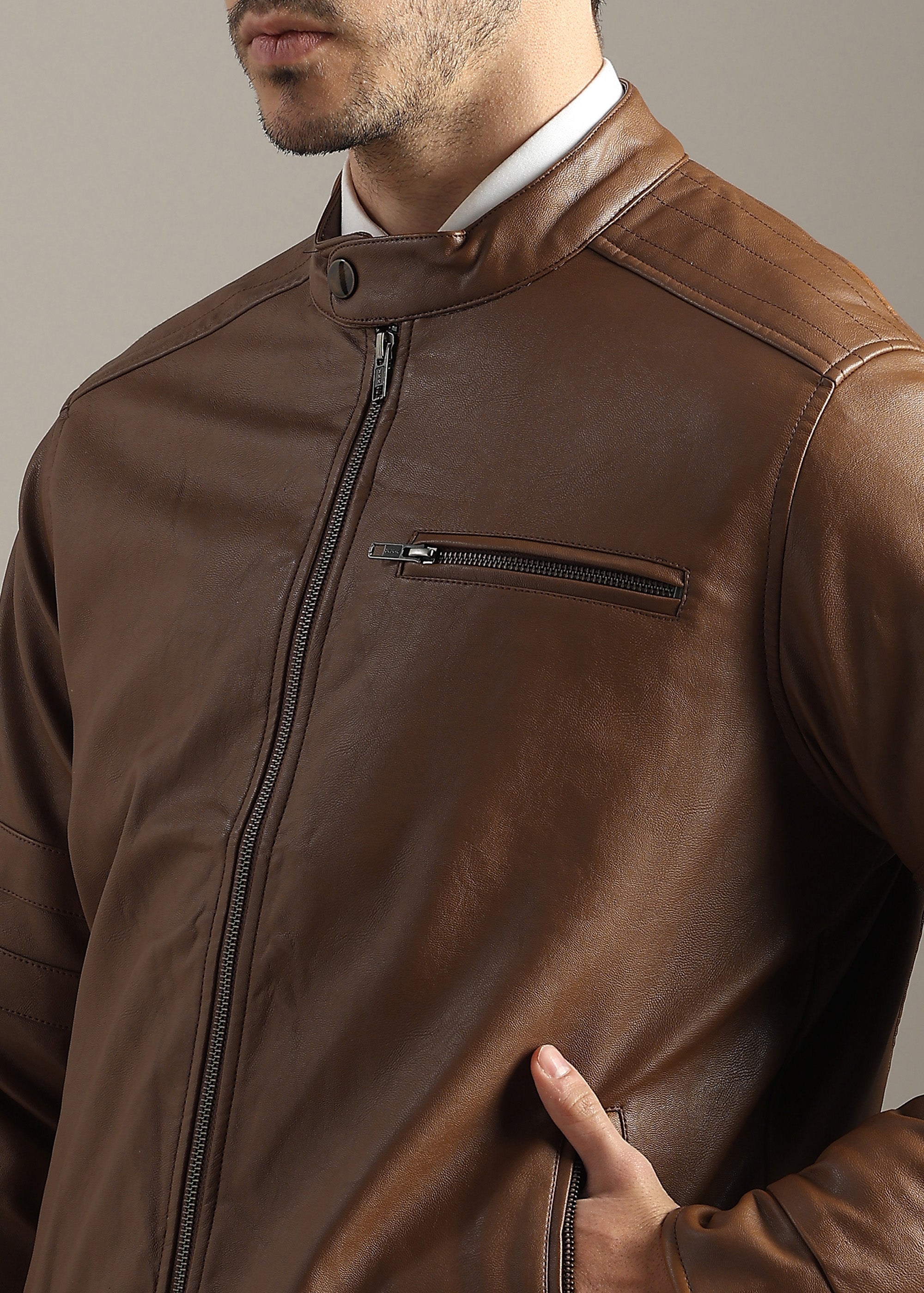 TAN FAUX LEATHER TRIM MANDARIN COLLAR FULL SLEEVE TAILORED JACKET