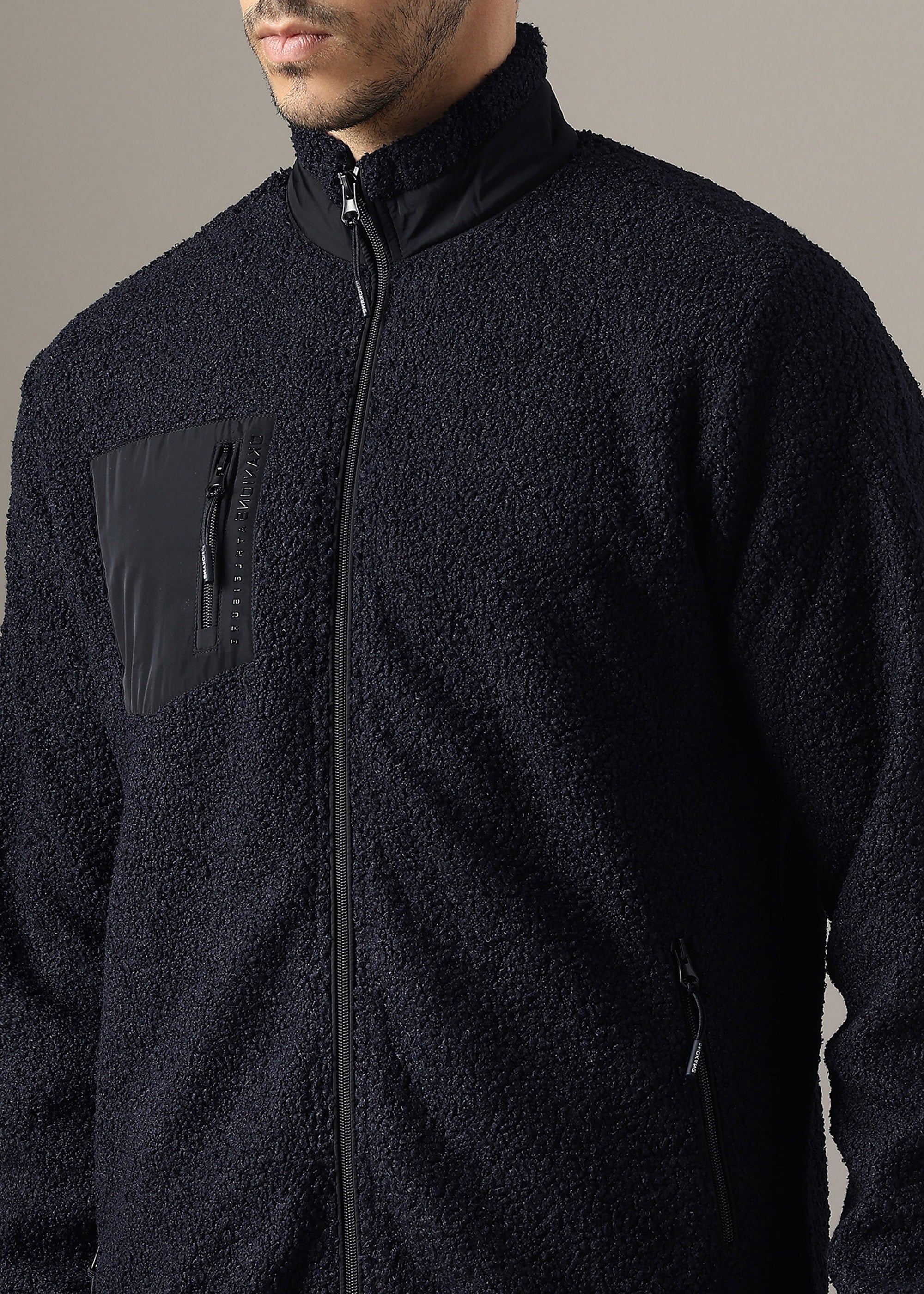 NAVY SOLID FOUX SHEARLING ZIPPER SWEAT SHIRT