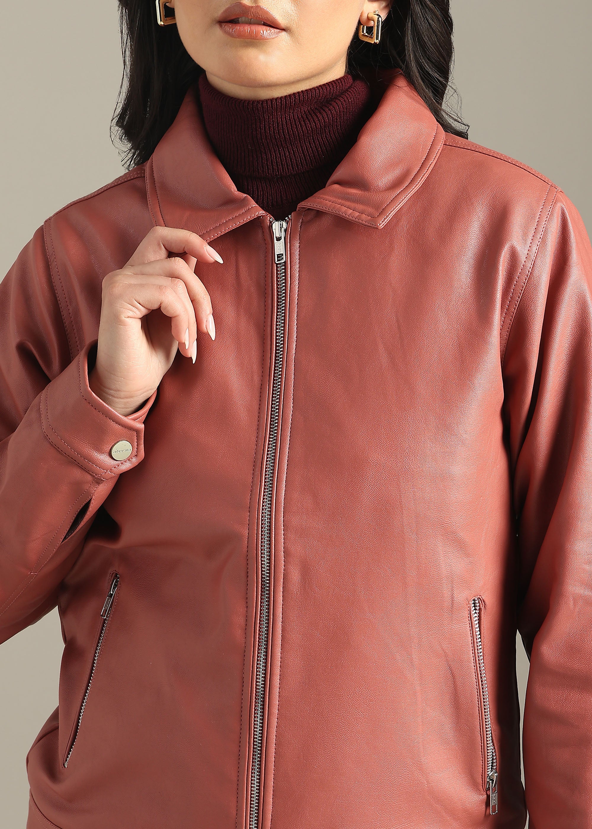 PINK SOLID PU LEATHER FULL SLEEVE JACKET