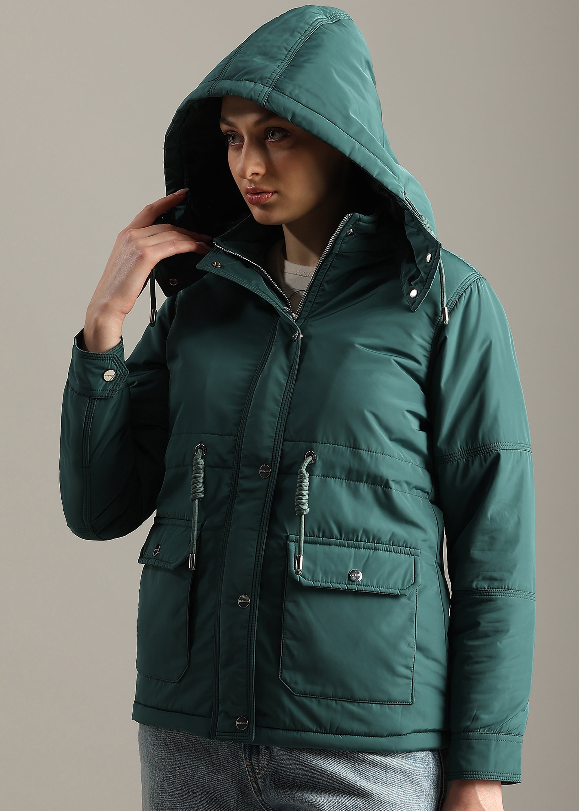 GREEN SOLID FUR PADDED PARKA FULL SLEEVE JACKET