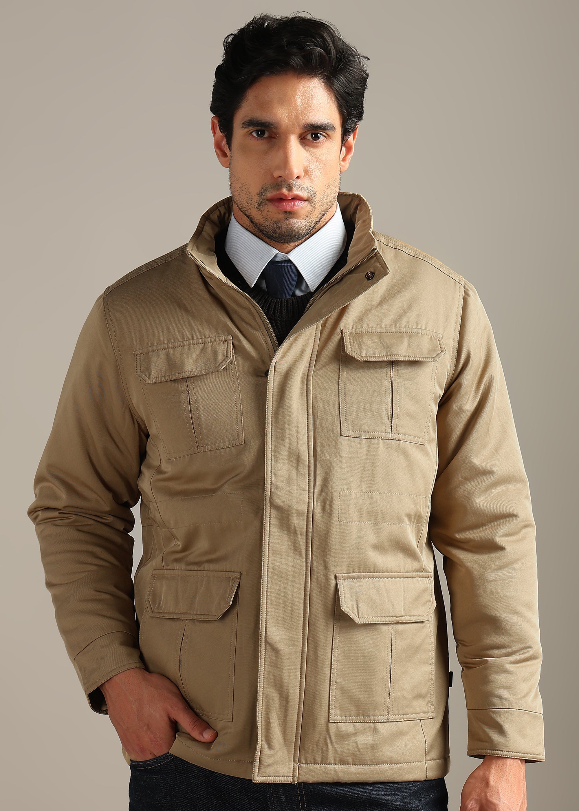 BEIGE SOLID FUR COTTON CARGO FULL SLEEVE JACKET