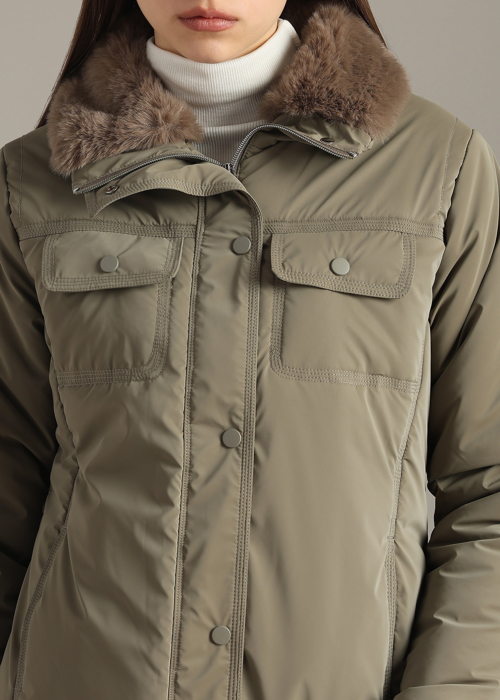 SILVER MINK SOFT SKIN FUR COLLAR FULL SLEEVE JACKET