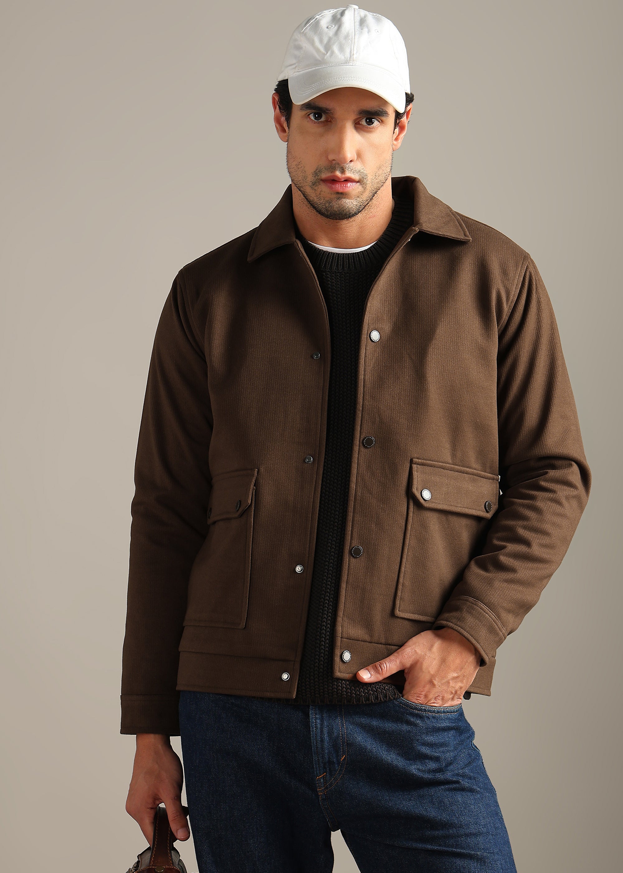 BROWN STRUCTURED BLOUSON FULL SLEEVE JACKET