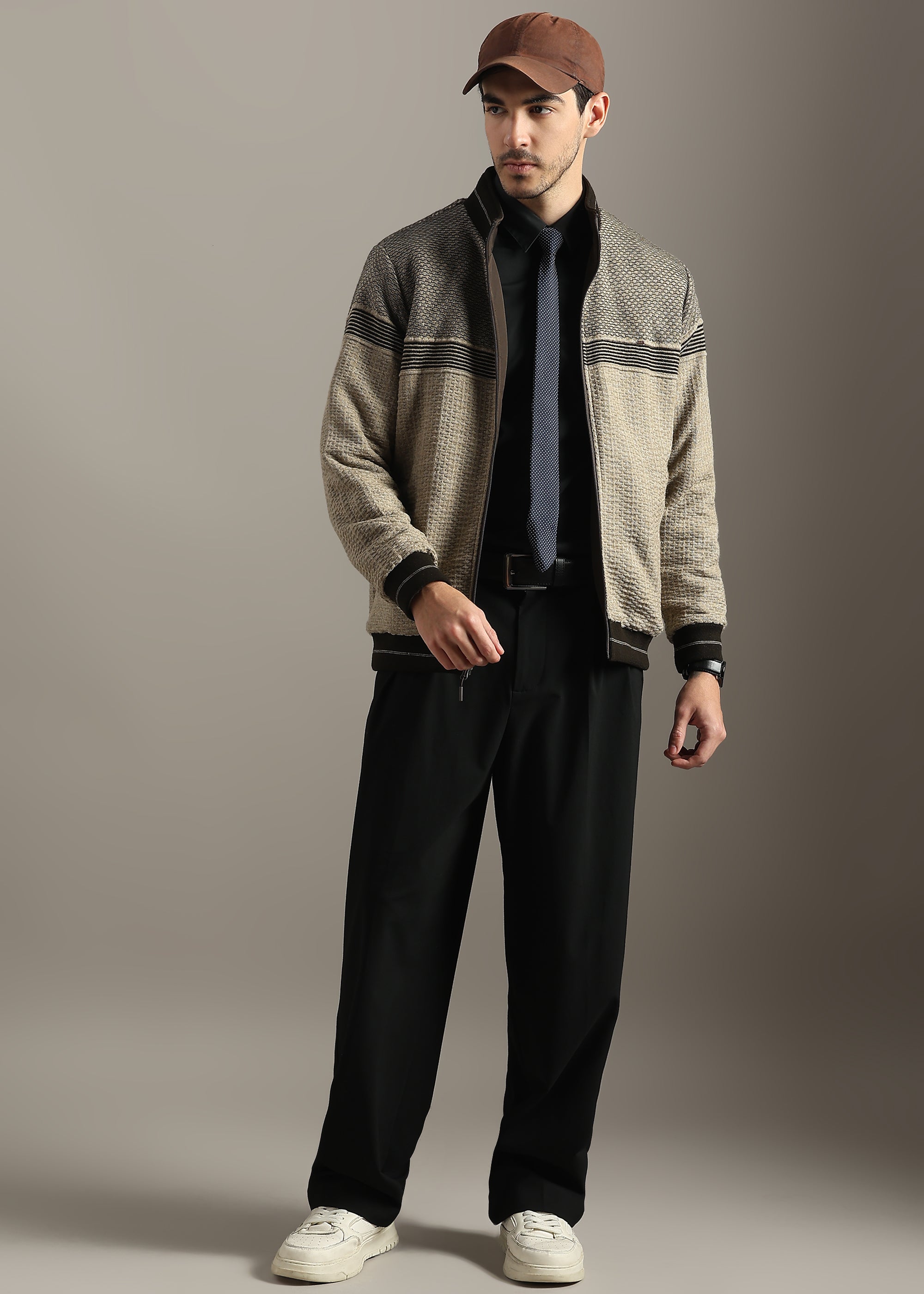 BROWN REVERSIBLE FULL SLEEVE JACKET WITH ENGINEERED SWEATER