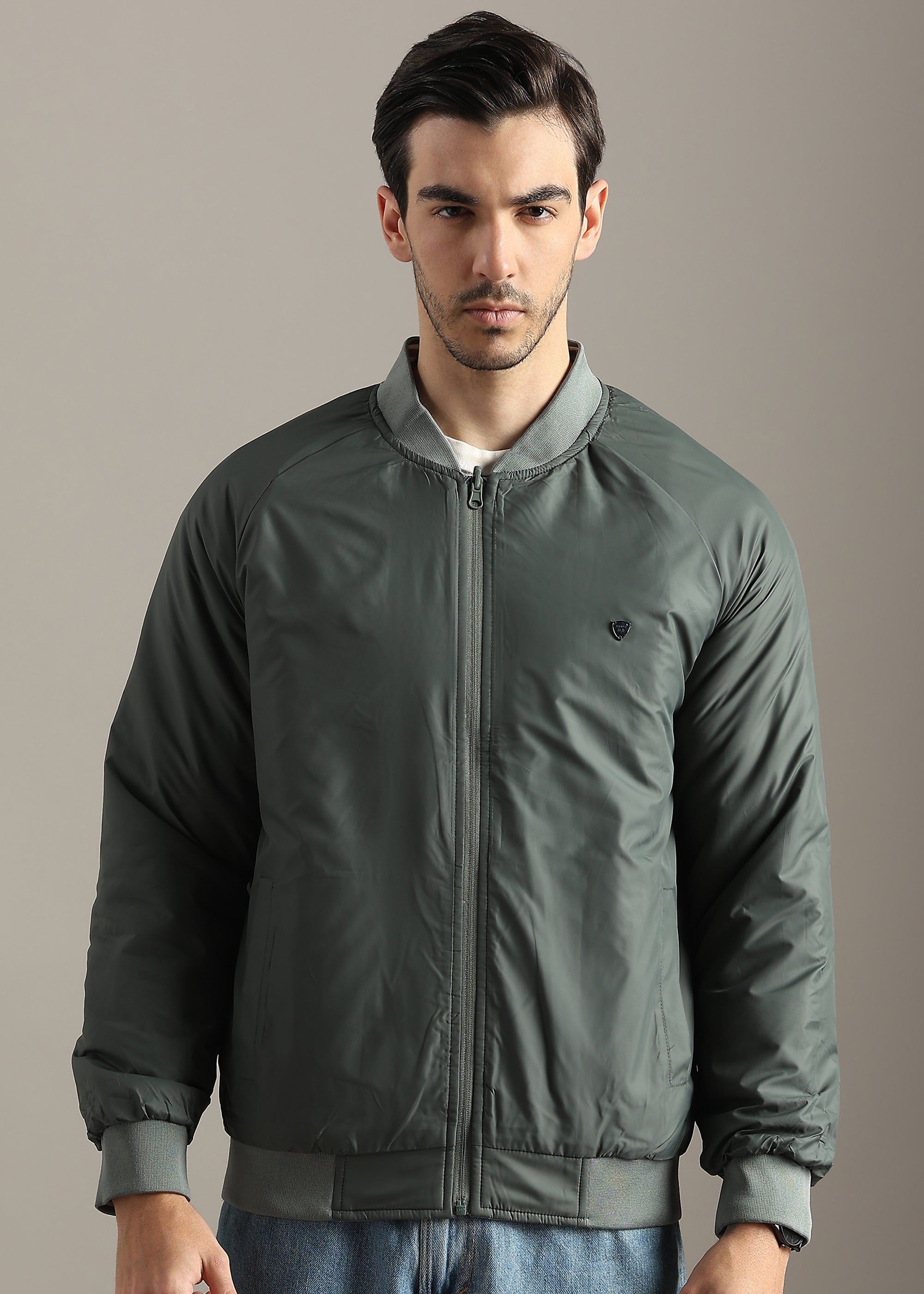 OLIVE COLOUR BLOCK REVERSIBLE FULL SLEEVE JACKET