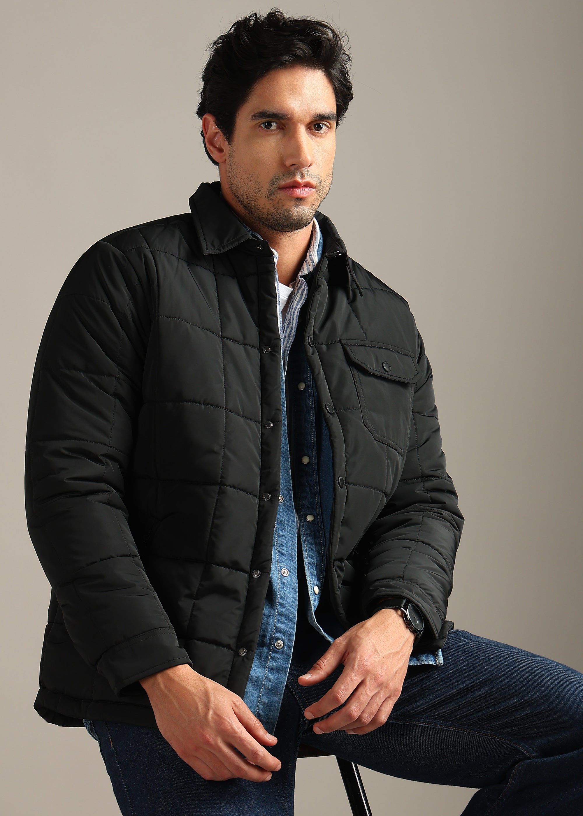 BLACK SOLID BLOUSON QUILTED FULL SLEEVE JACKET