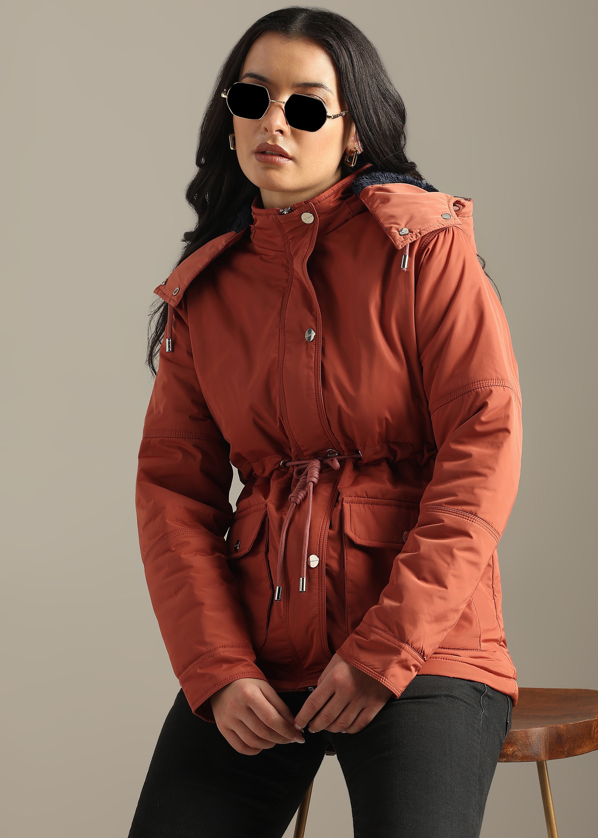 PEACH SOLID FUR PADDED PARKA FULL SLEEVE JACKET