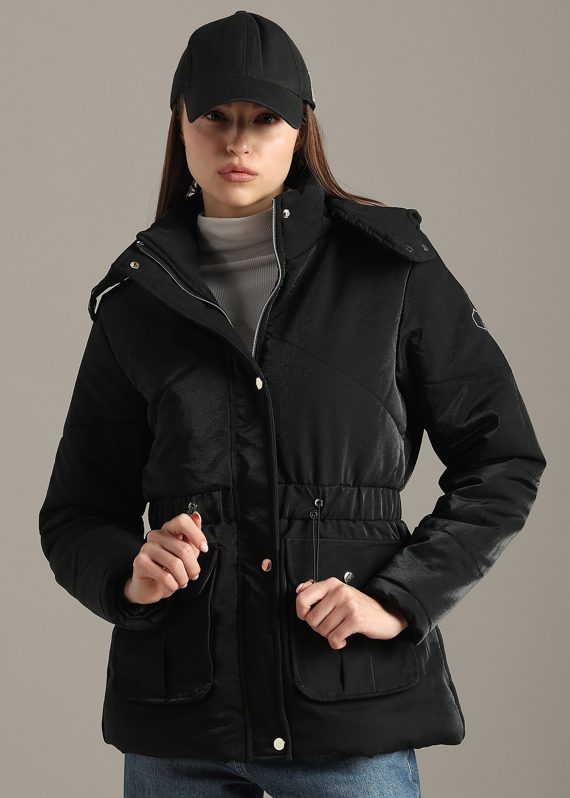 BLACK SOLID PREMIUM SATIN CROPPED FULL SLEEVE JACKET