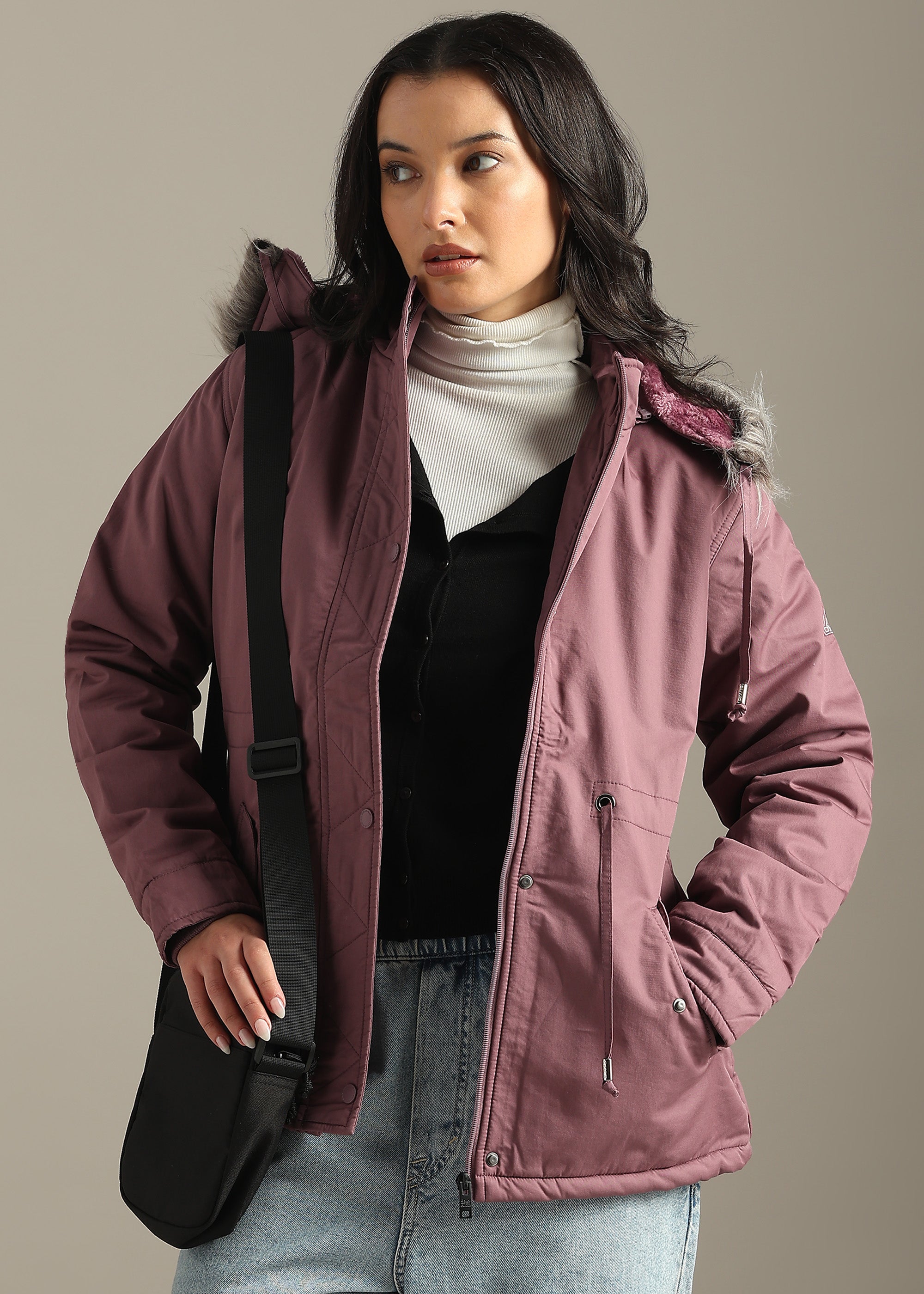 PINK SOLID COTTON UTILITY FUR BACK FULL SLEEVE JACKET