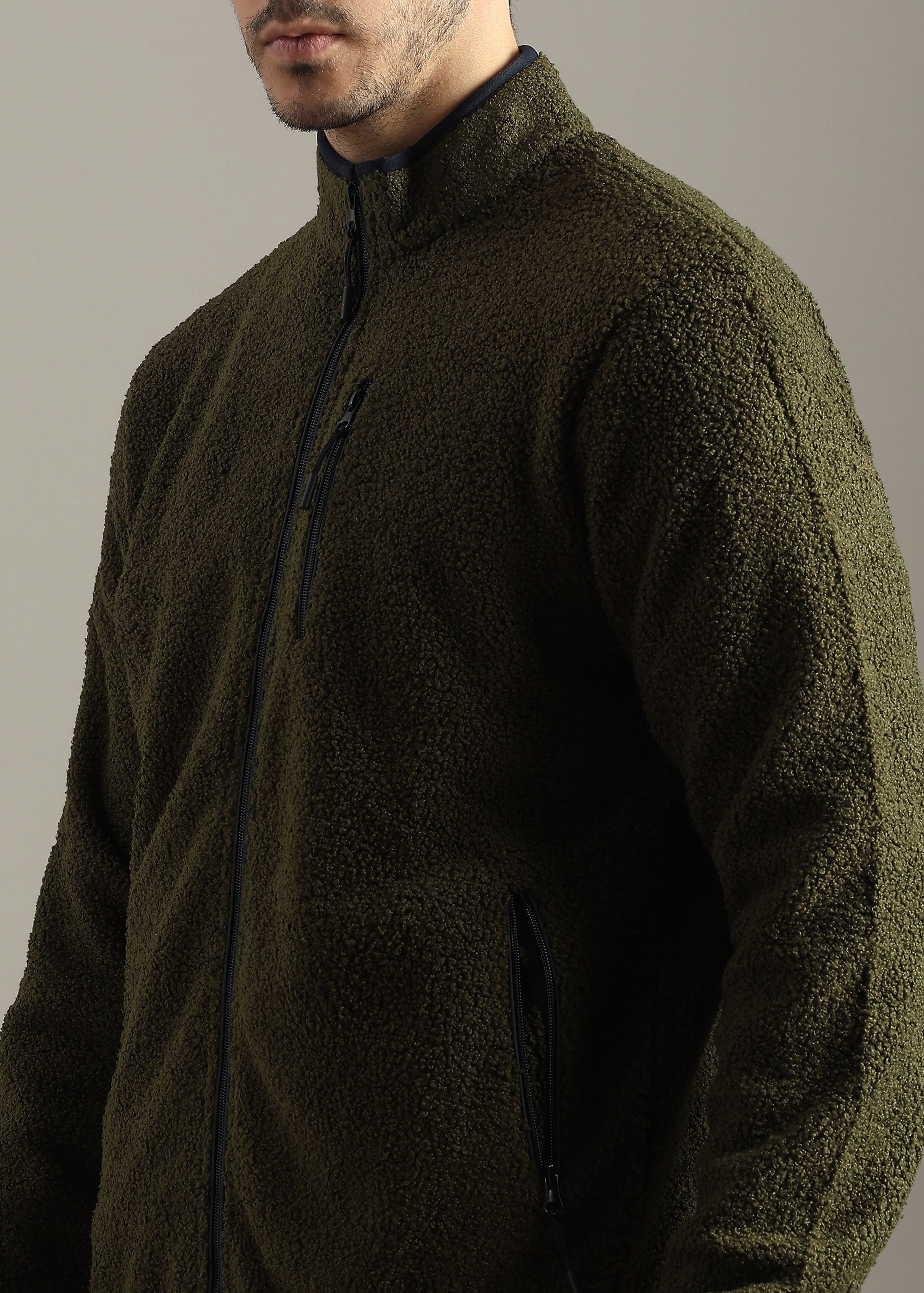 OLIVE SOLID FAUX FUR SHEARLING ZIPPER