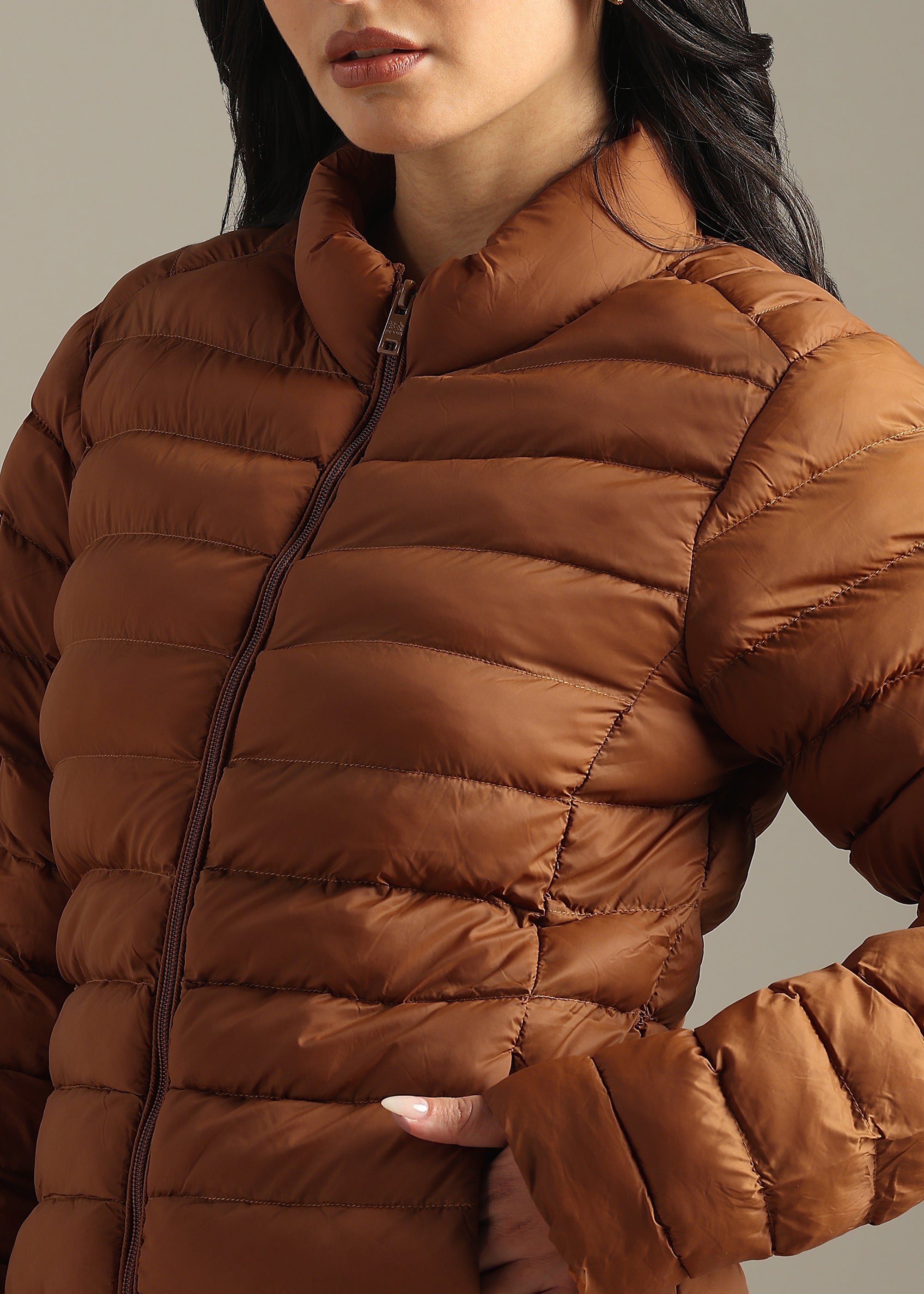 TAN SOLID POLYESTER PUFFER FULL SLEEVE JACKET