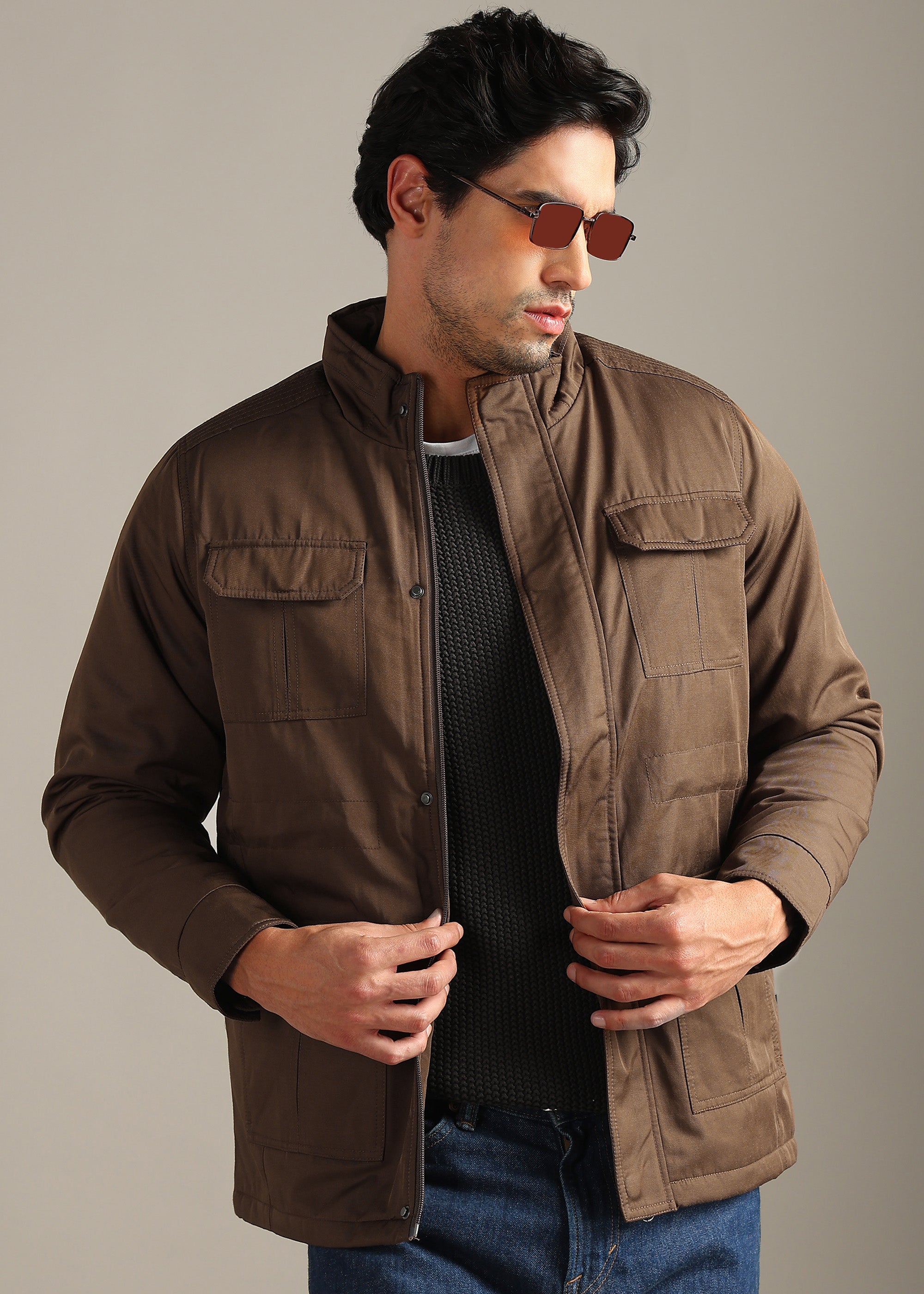 COFFEE SOLID FUR COTTON CARGO FULL SLEEVE JACKET