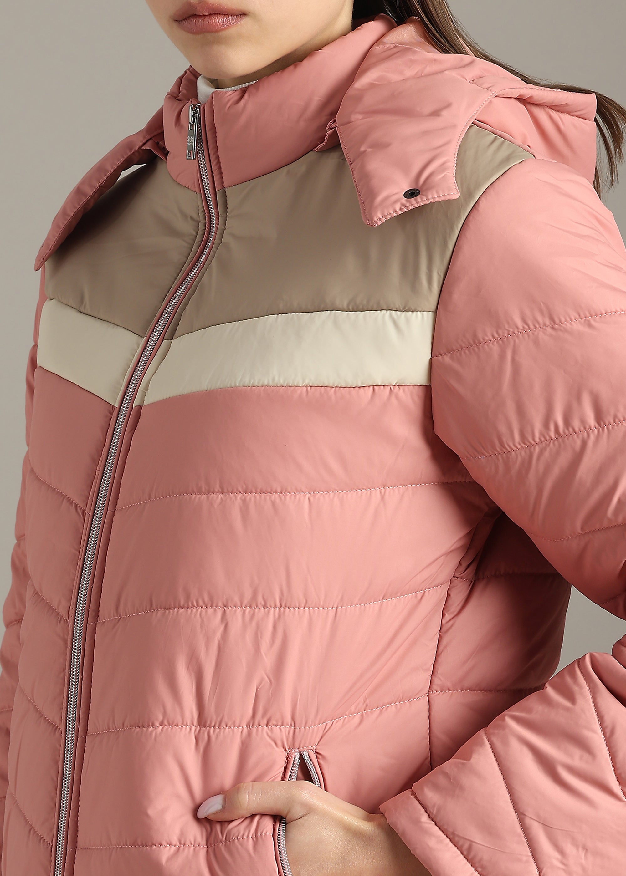 PINK COLOUR-BLOCK PUFFER FULL SLEEVE JACKET