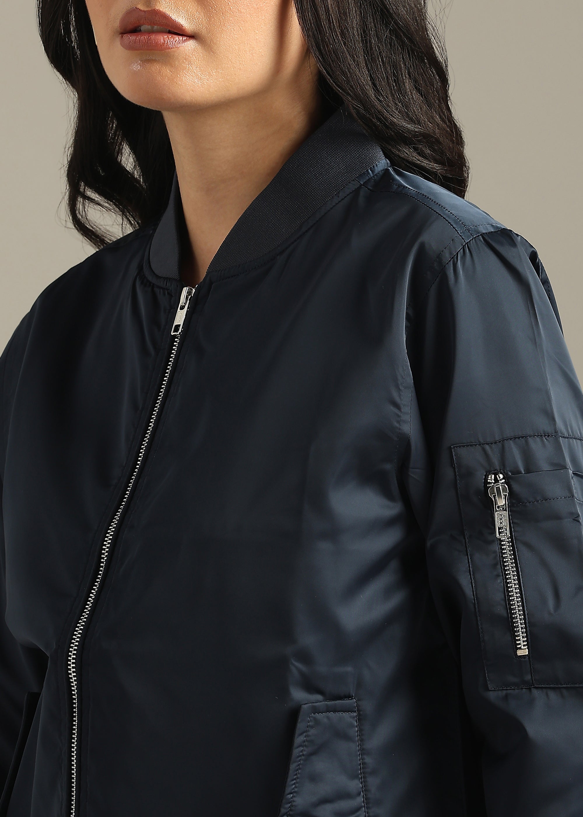 NAVY SATIN BOMBER FULL SLEEVE JACKET