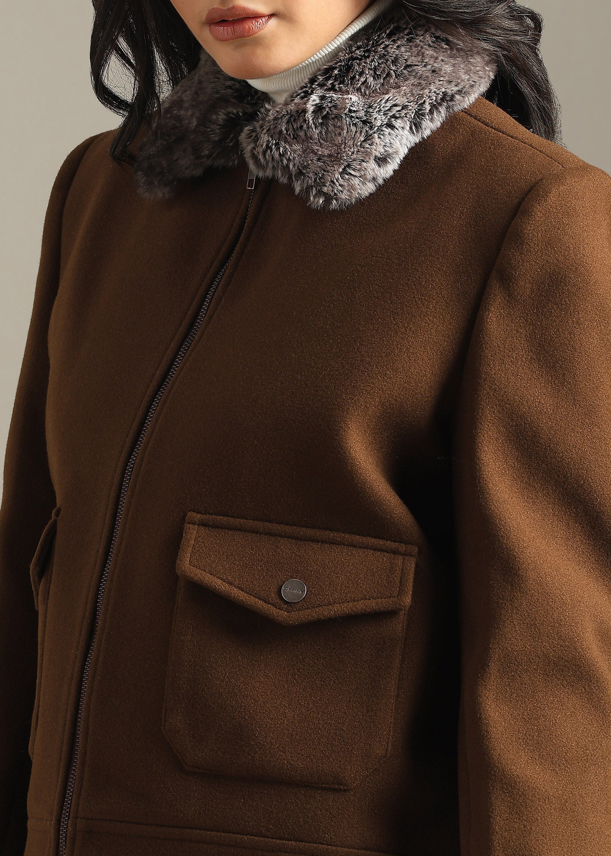 COFFEE DETACHABLE FUR BLOUSON COAT