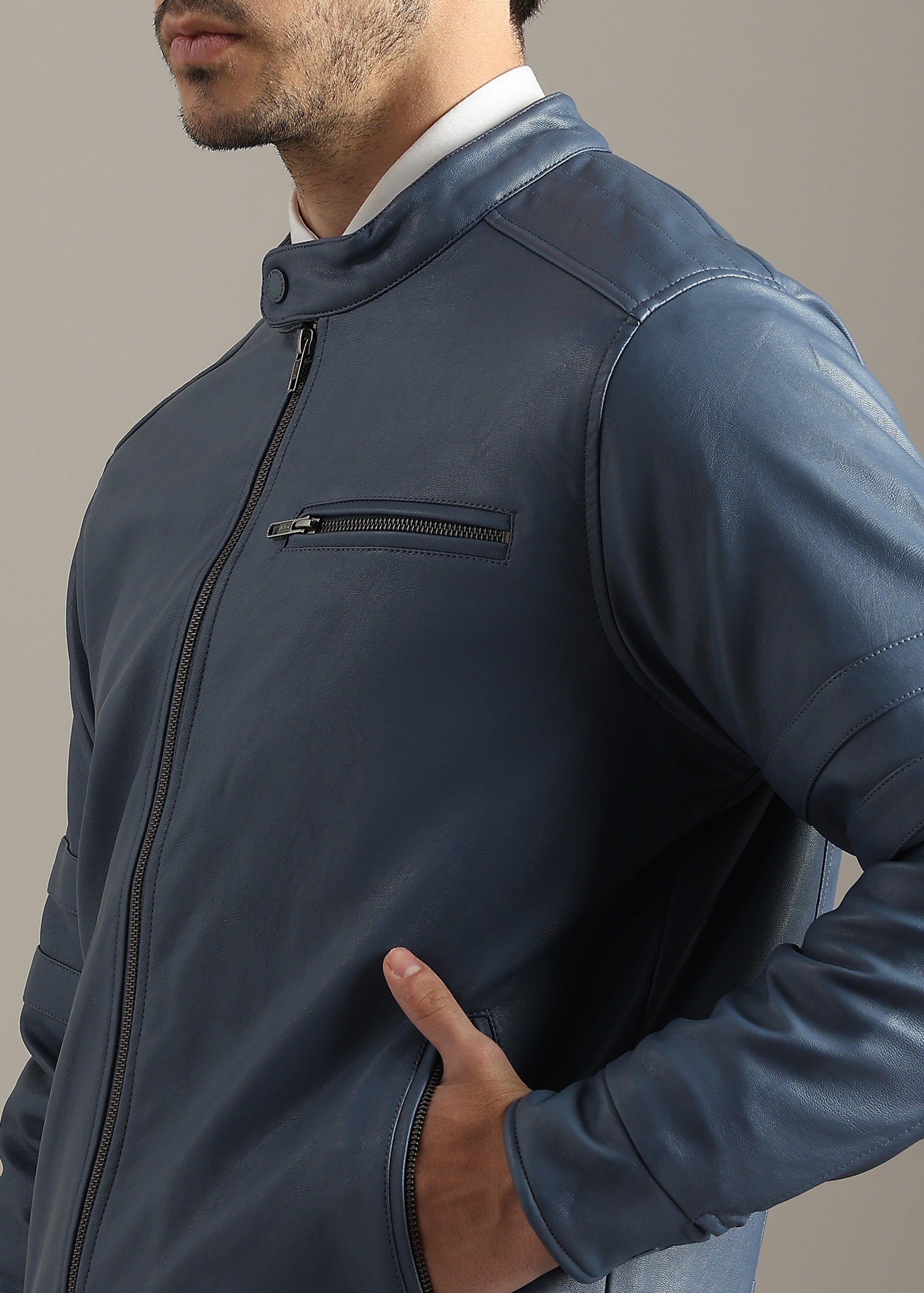 BLUE FAUX LEATHER TRIM MANDARIN COLLAR FULL SLEEVE TAILORED JACKET