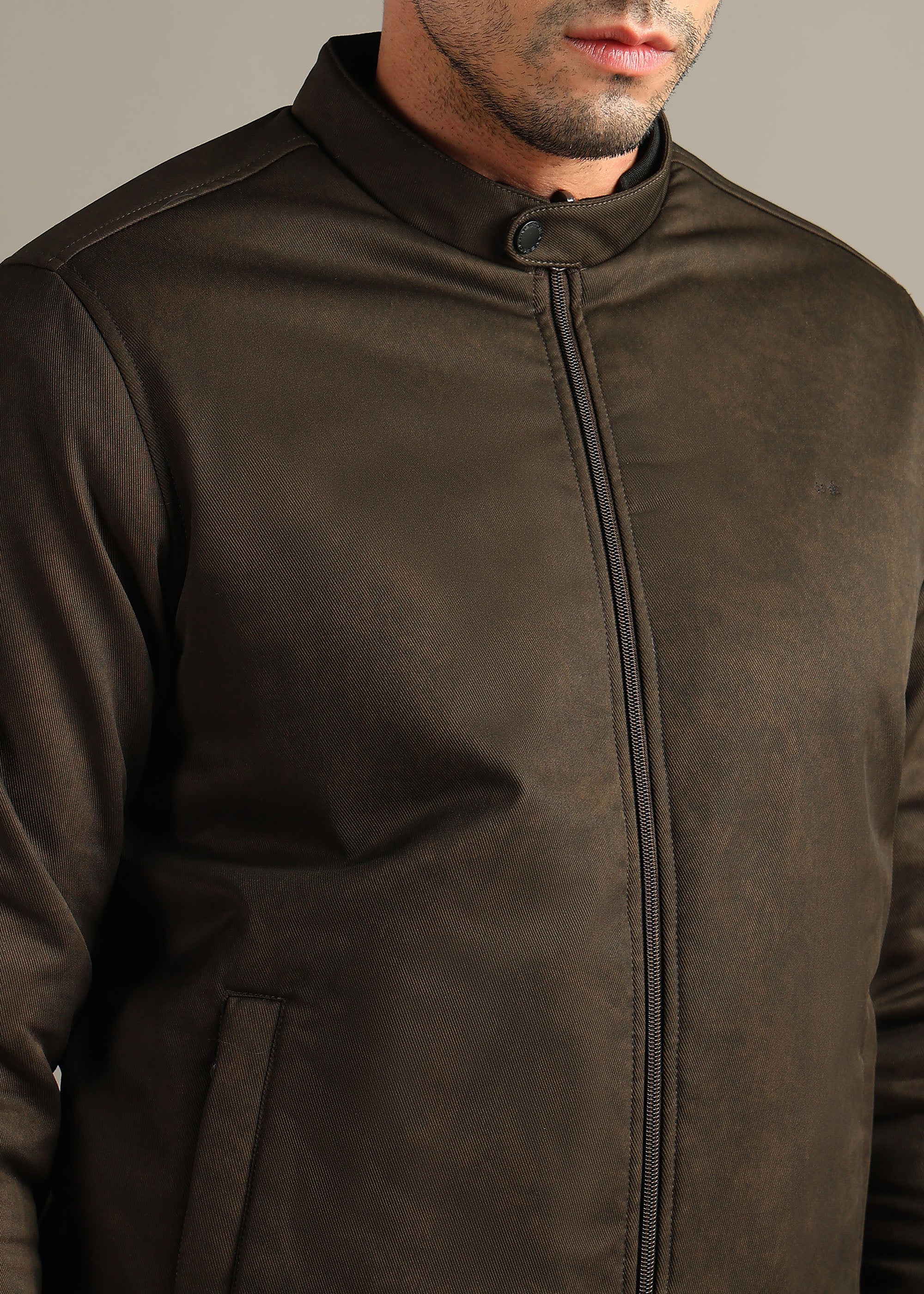BROWN SOLID REVERSIBLE TEXTURED FULL SLEEVE JACKET