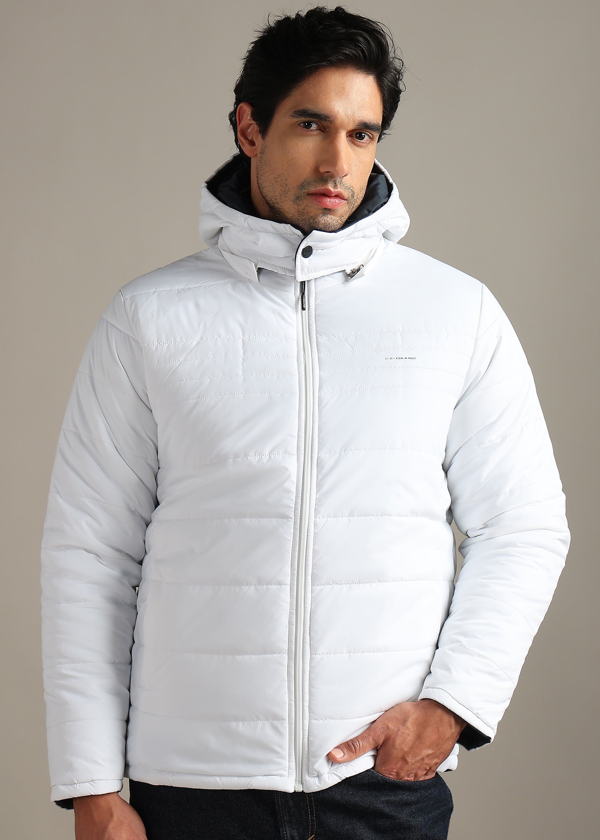 WHITE SOLID NYON FULL SLEEVE REVERSIBLE PUFFER JACKET