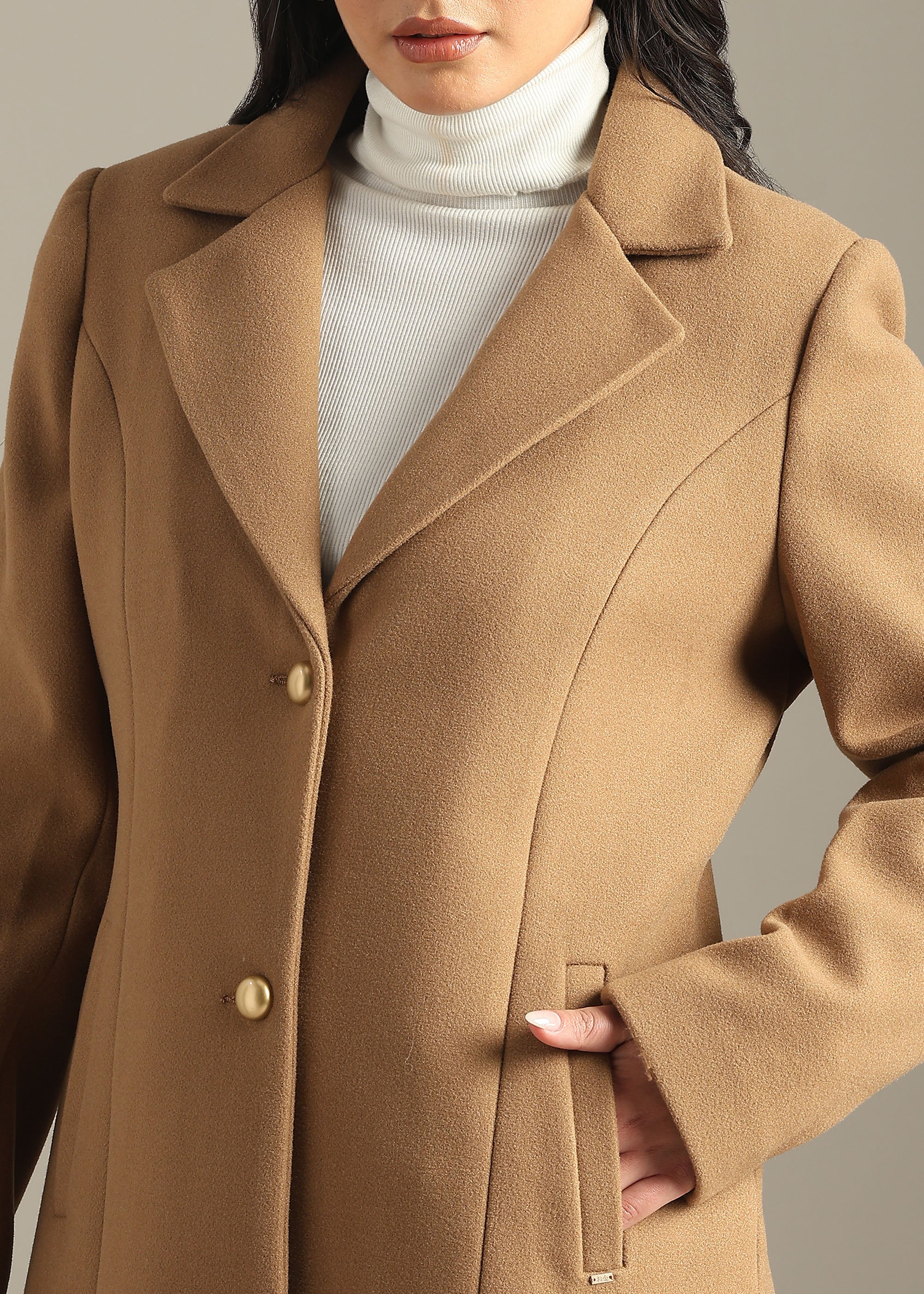 KHAKI SOLID WINTER ESSENTIAL COAT