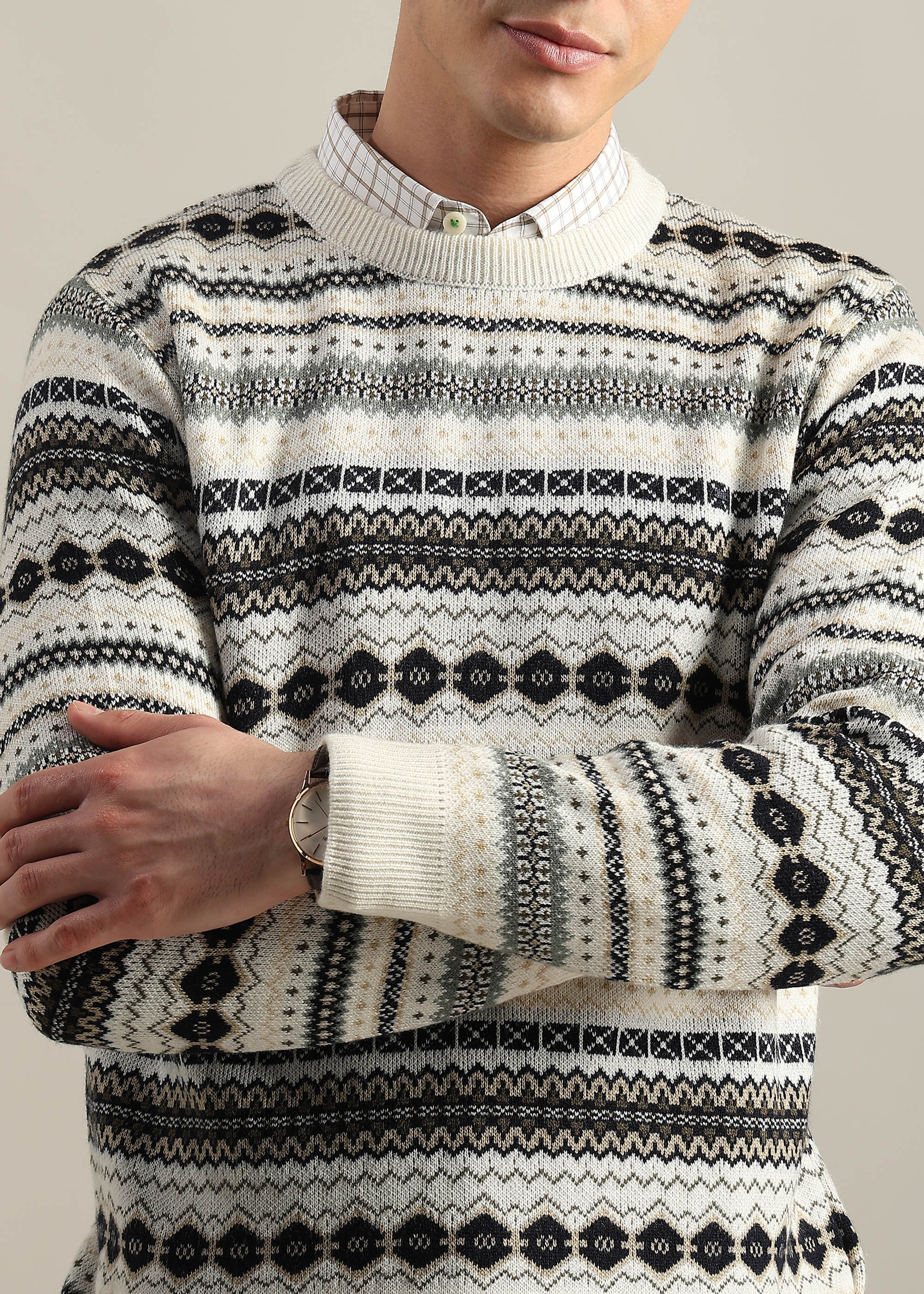 WHITE STRUCTURED CREW NECK SWEATER