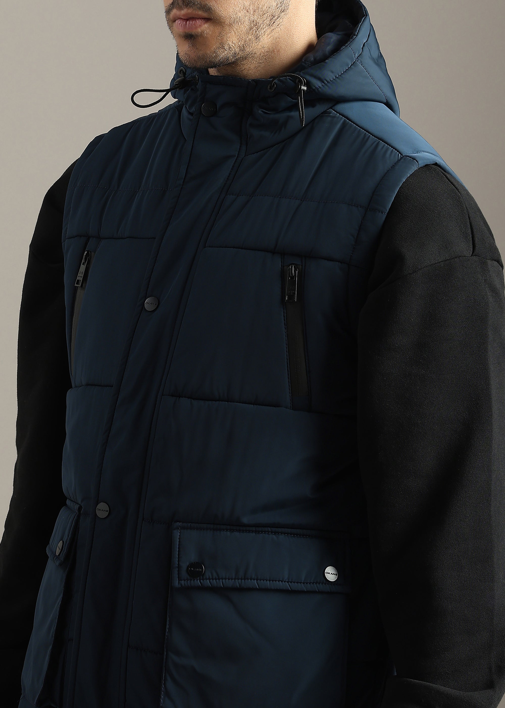 NAVY SOLID NYLON MULTI POCKET SLEEVELESS CARGO JACKET