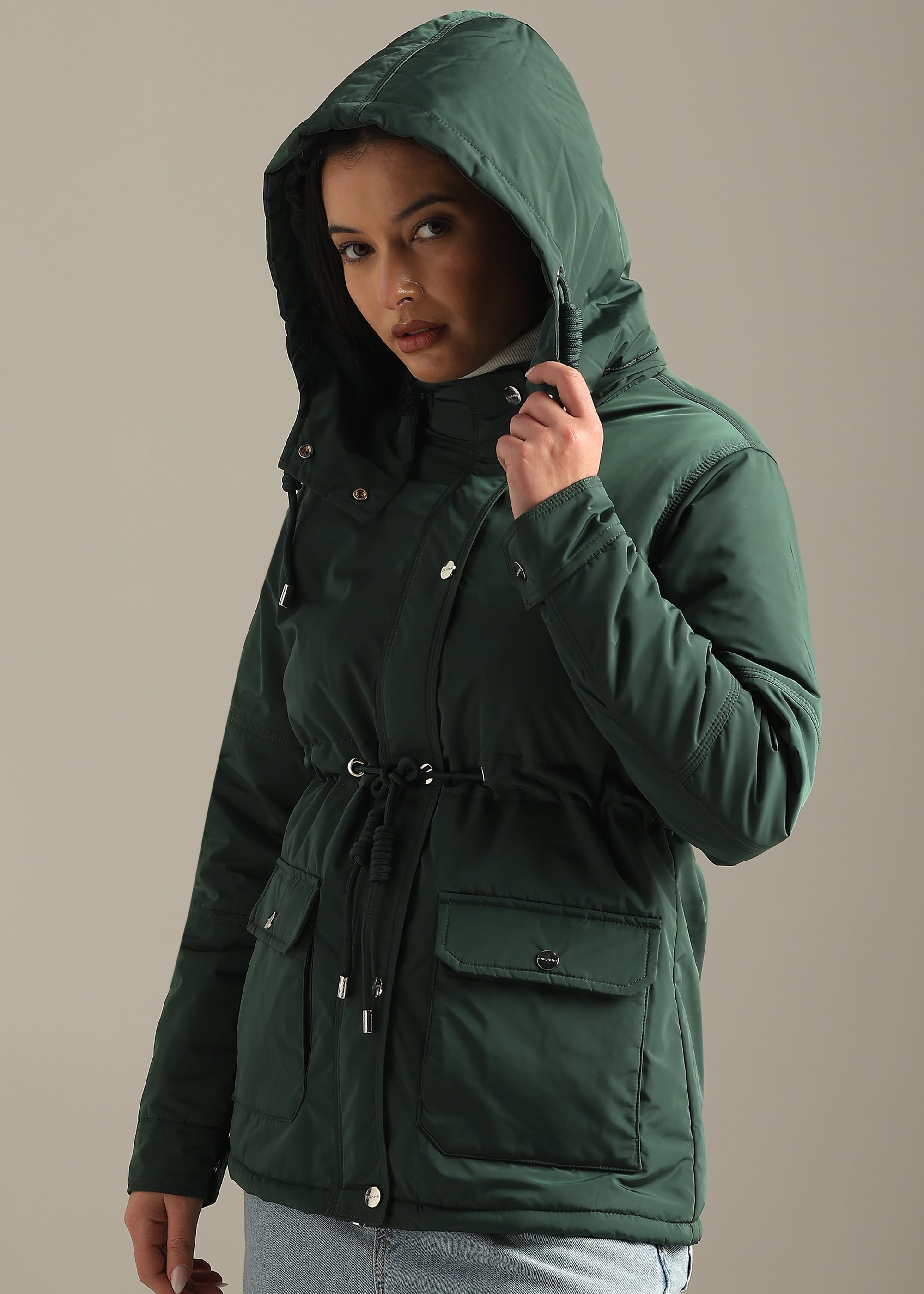 GREEN SOLID FUR PADDED PARKA FULL SLEEVE JACKET