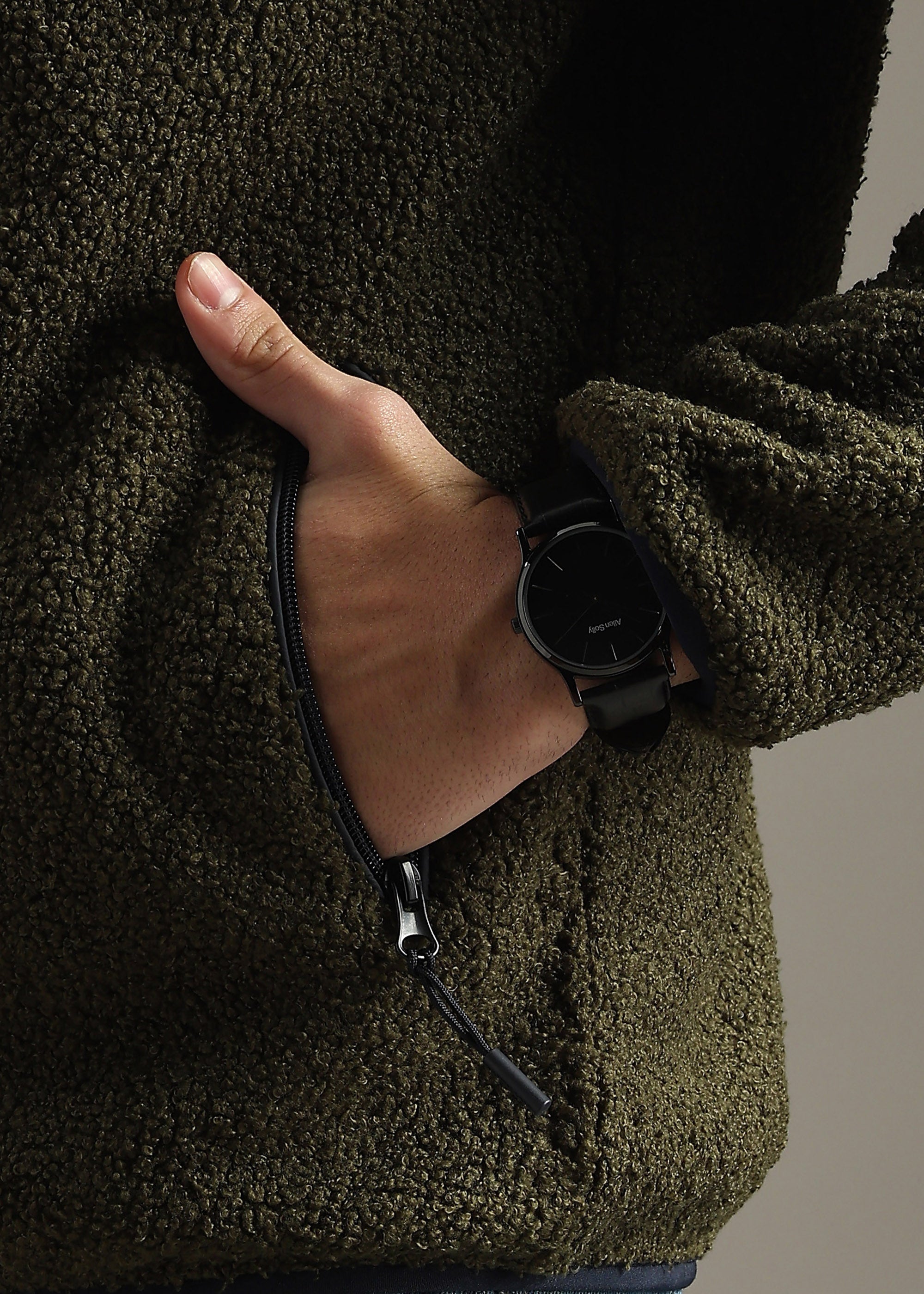 OLIVE SOLID FAUX FUR SHEARLING ZIPPER