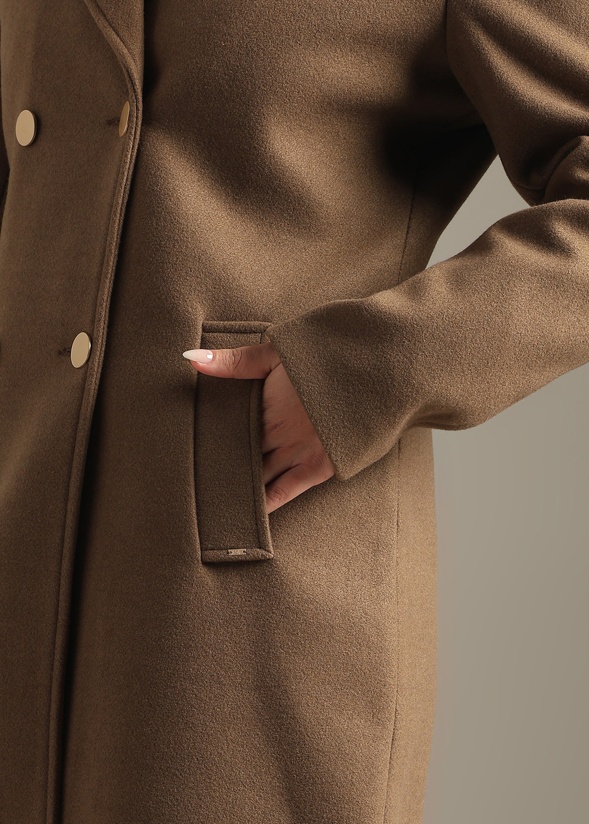 COFFEE SOLID TWEED DETACHABLE FUR COLLAR OVERCOAT