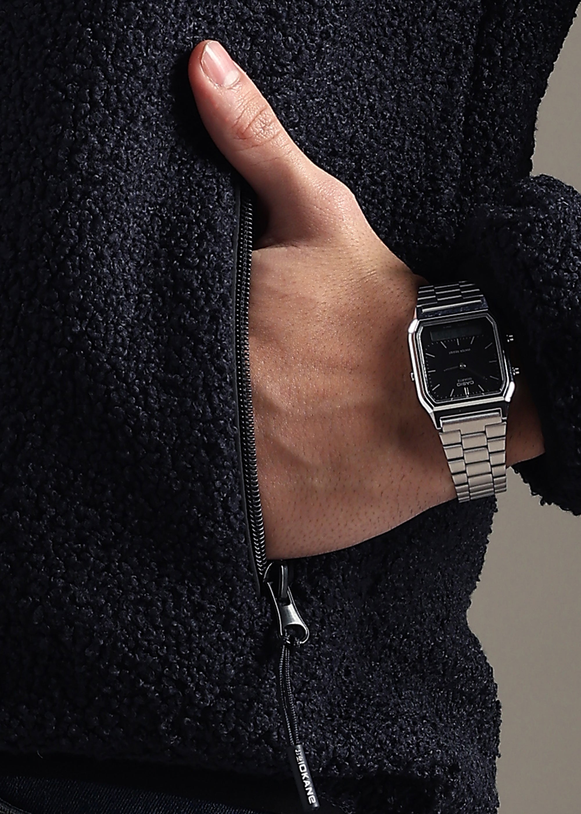 NAVY SOLID FOUX SHEARLING ZIPPER SWEAT SHIRT