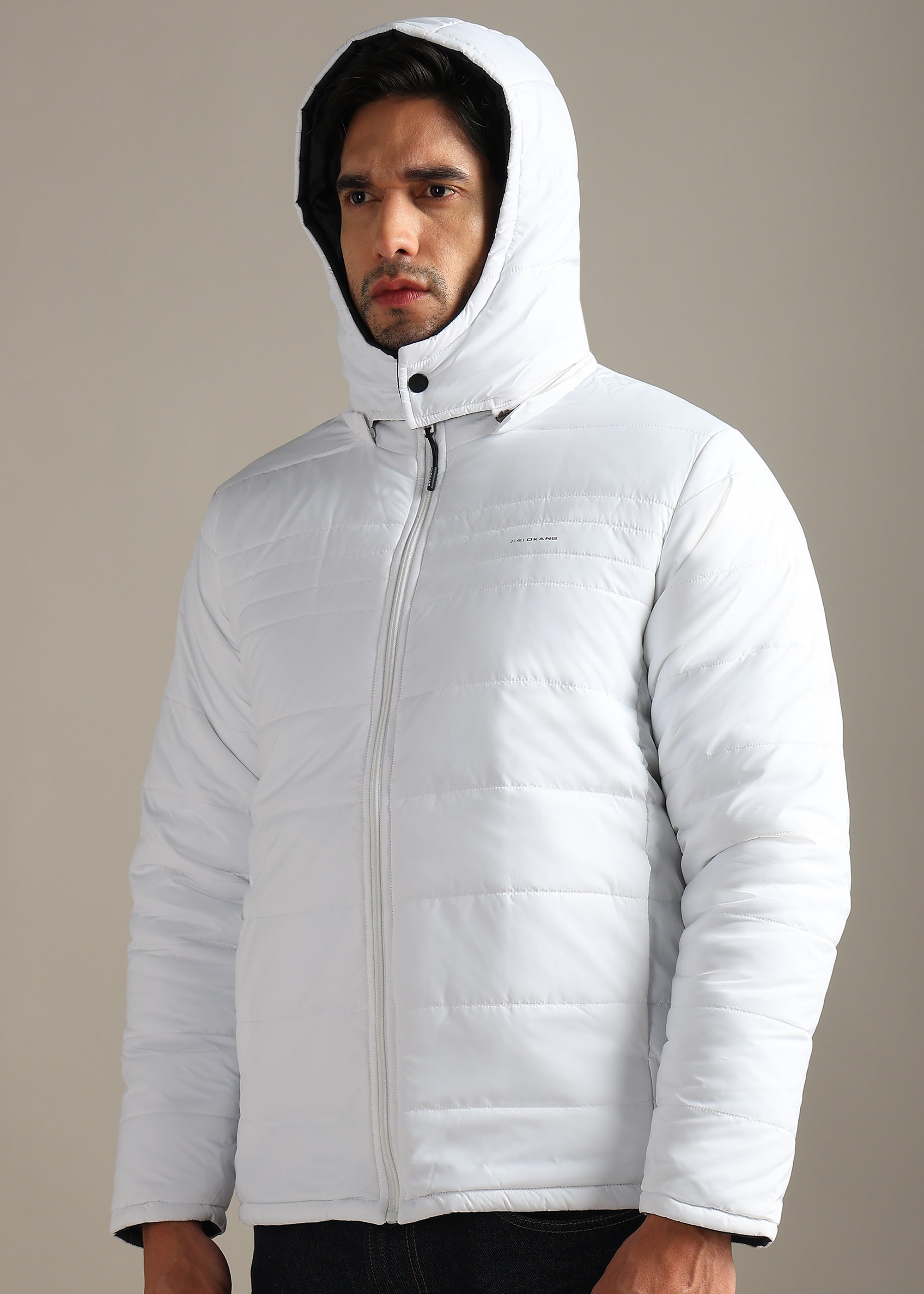 WHITE SOLID NYON FULL SLEEVE REVERSIBLE PUFFER JACKET