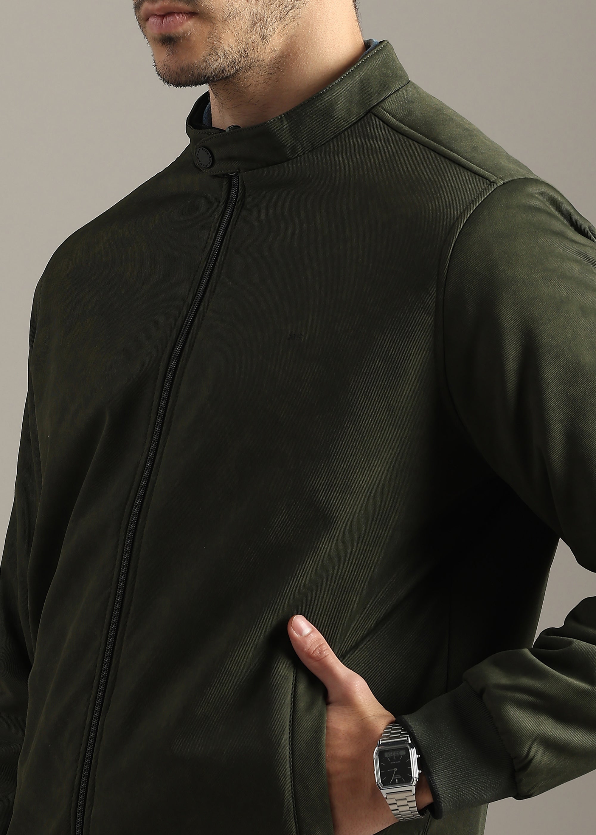 OLIVE SOLID REVERSIBLE TEXTURED FULL SLEEVE JACKET
