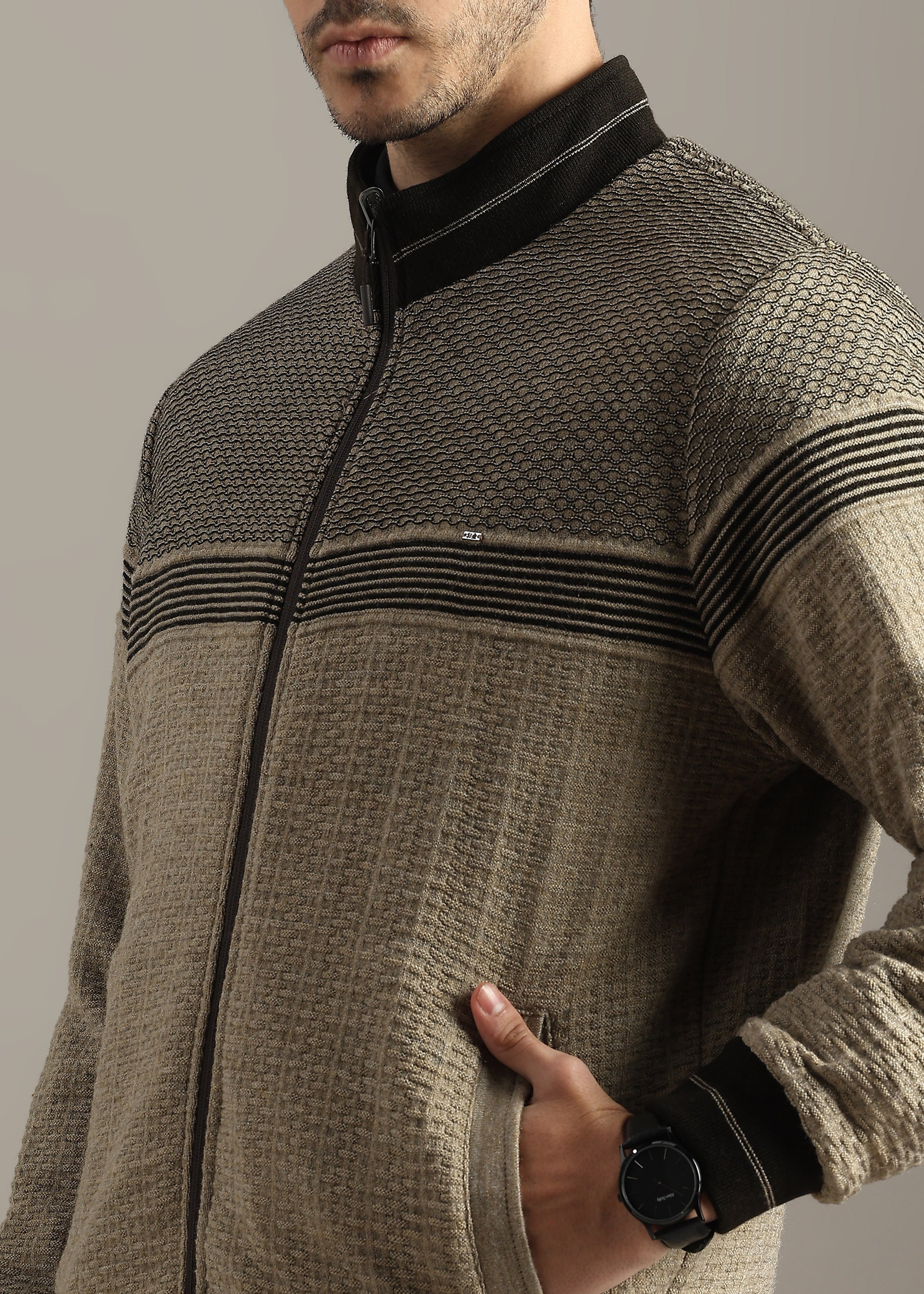 BROWN REVERSIBLE FULL SLEEVE JACKET WITH ENGINEERED SWEATER