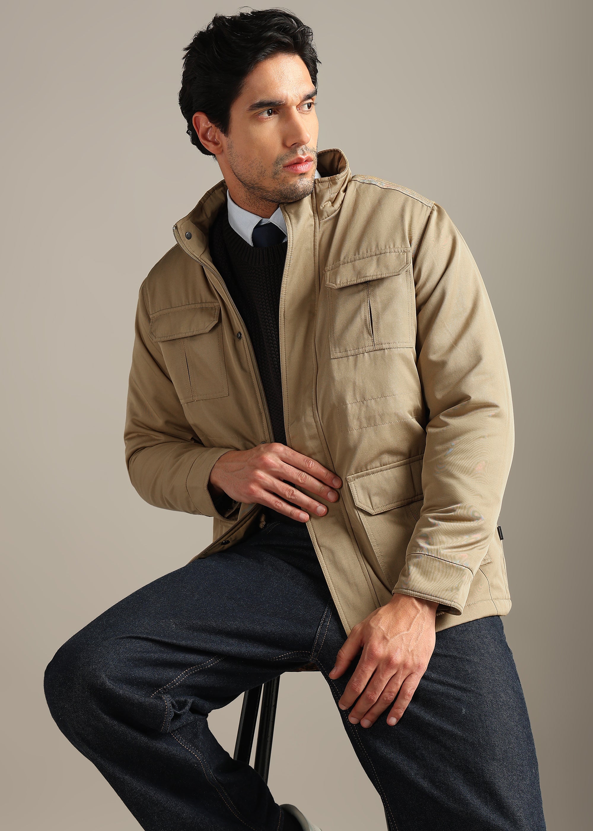 BEIGE SOLID FUR COTTON CARGO FULL SLEEVE JACKET