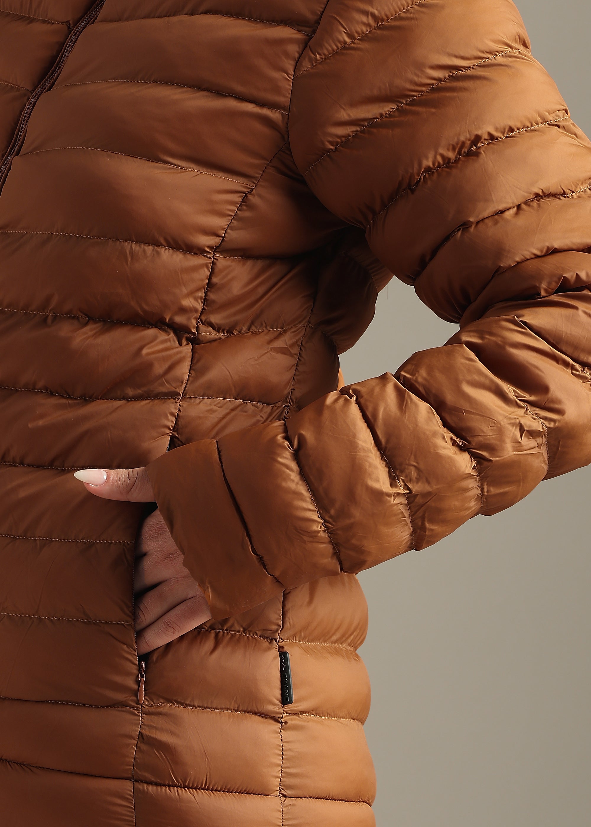 TAN SOLID POLYESTER PUFFER FULL SLEEVE JACKET