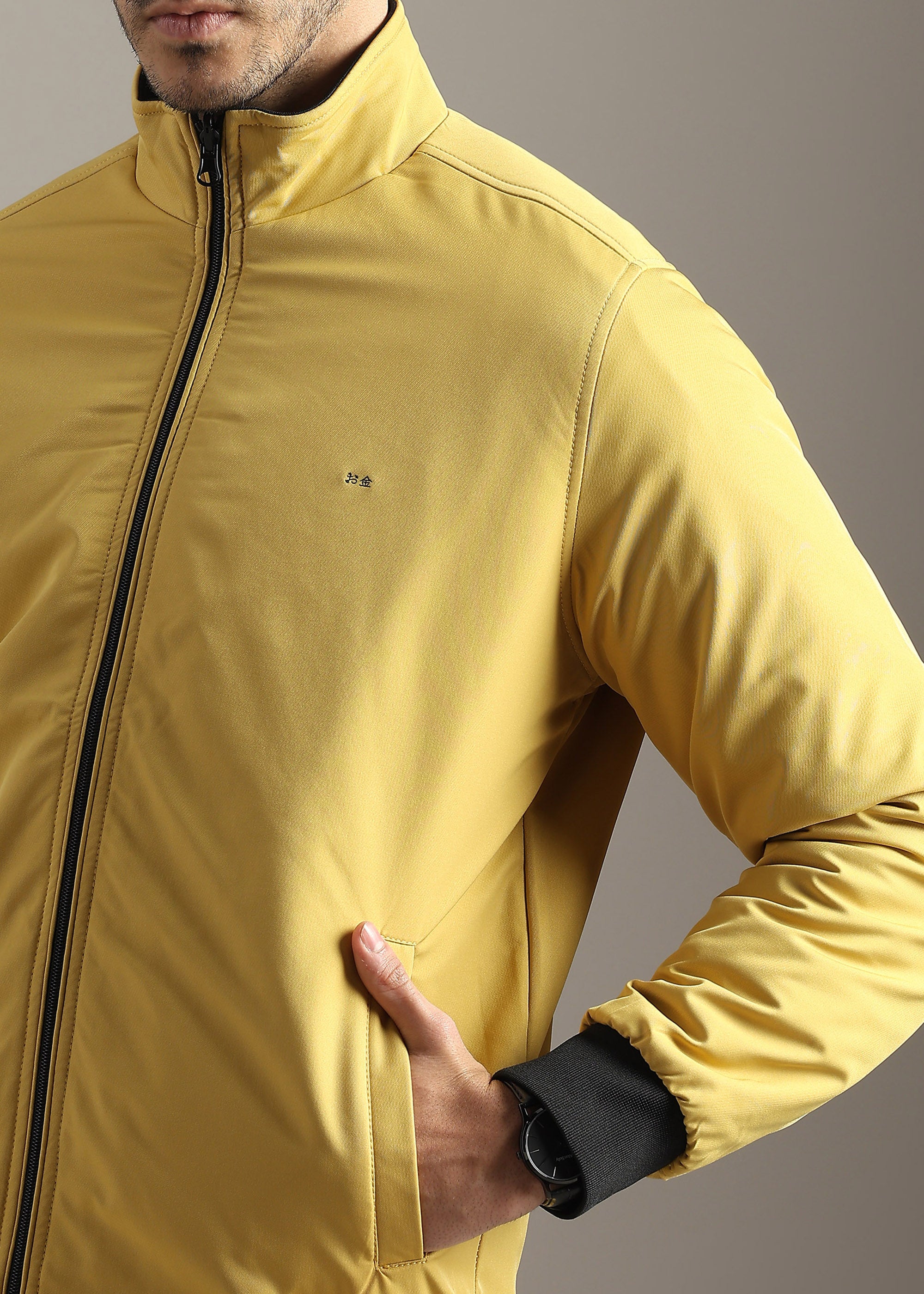 MUSTARD SOLID REVERSIBLE FAUX COTTON FULL SLEEVE JACKET