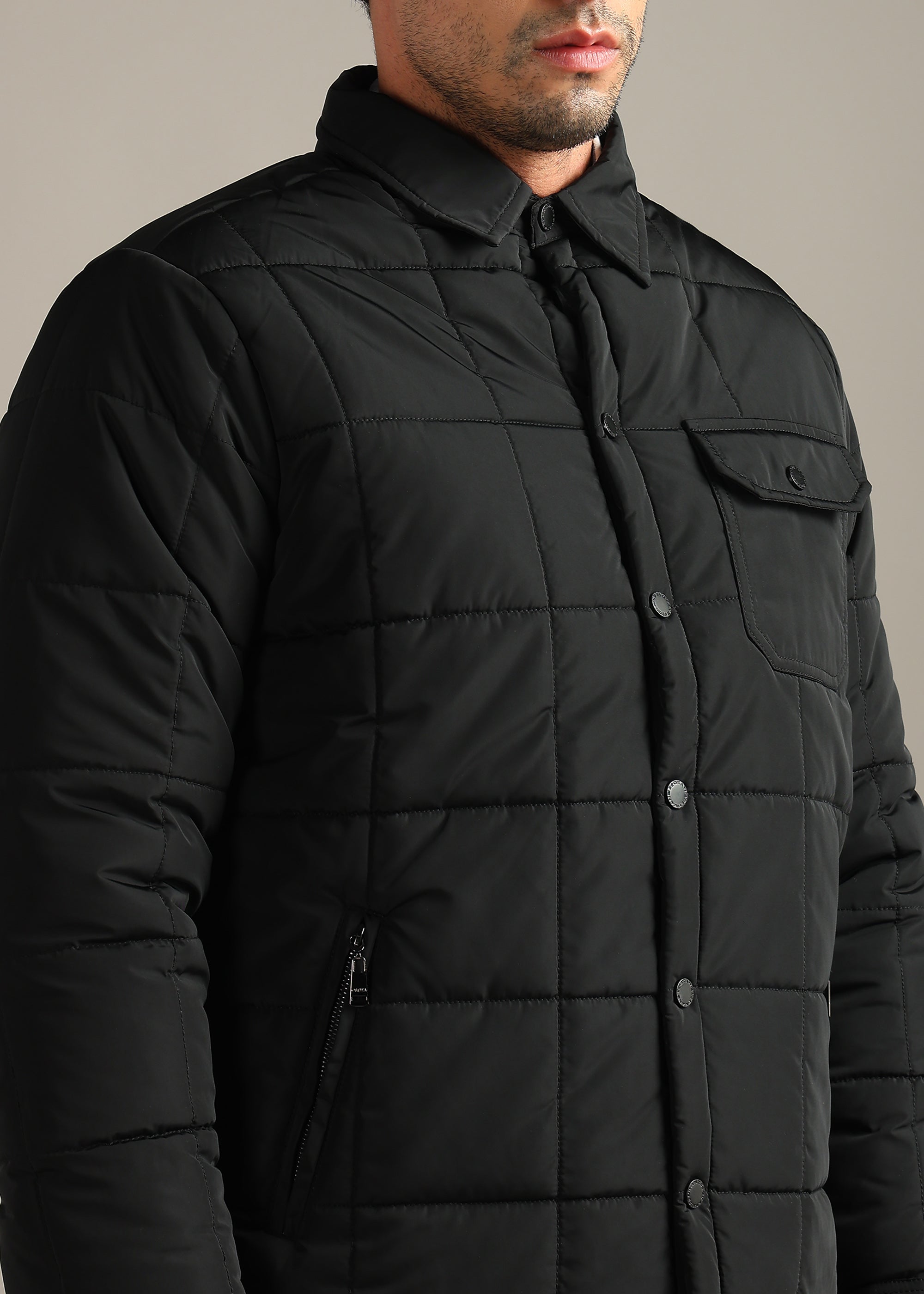 BLACK SOLID BLOUSON QUILTED FULL SLEEVE JACKET