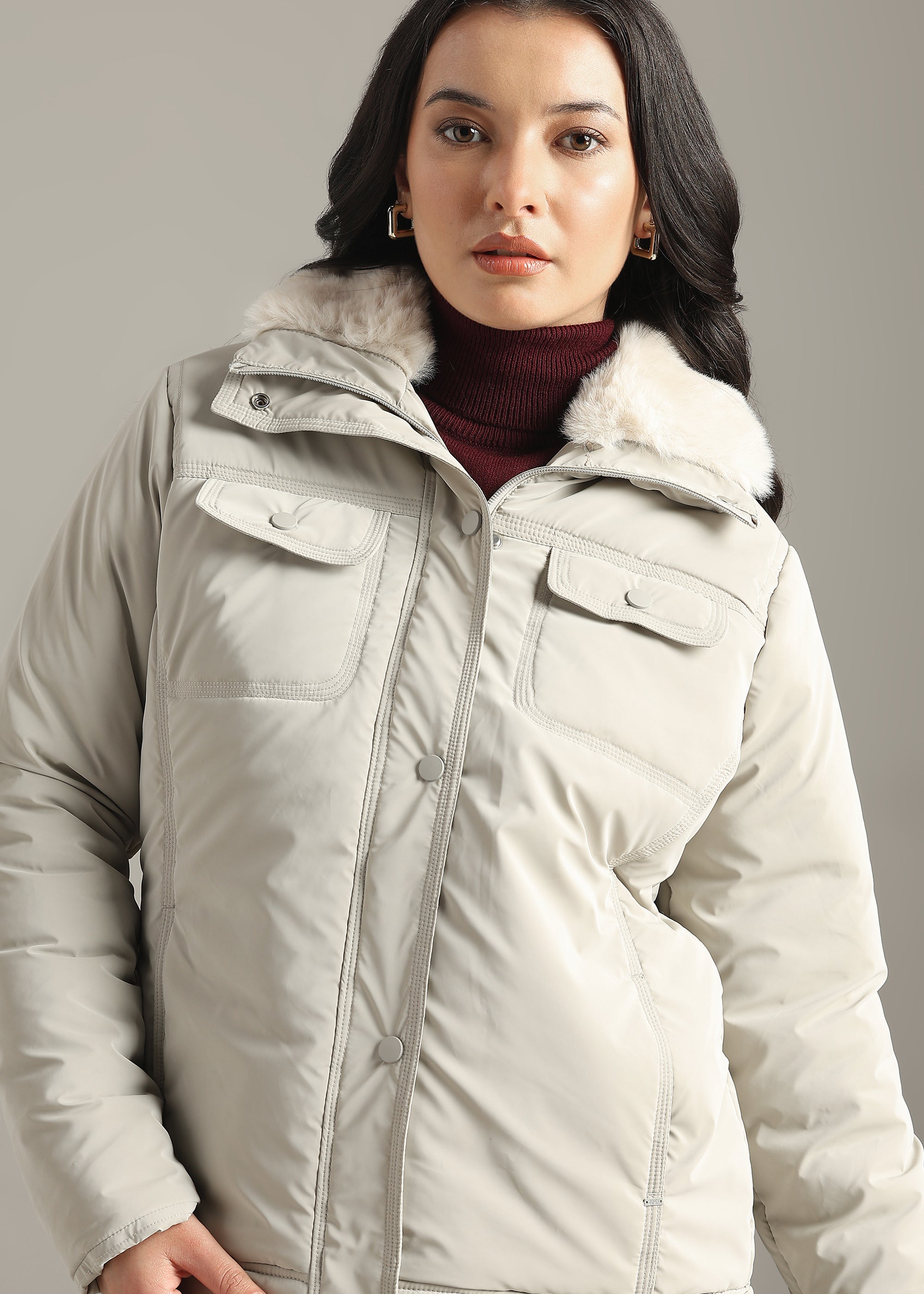 STONE SOFT SKIN FUR COLLAR FULL SLEEVE JACKET