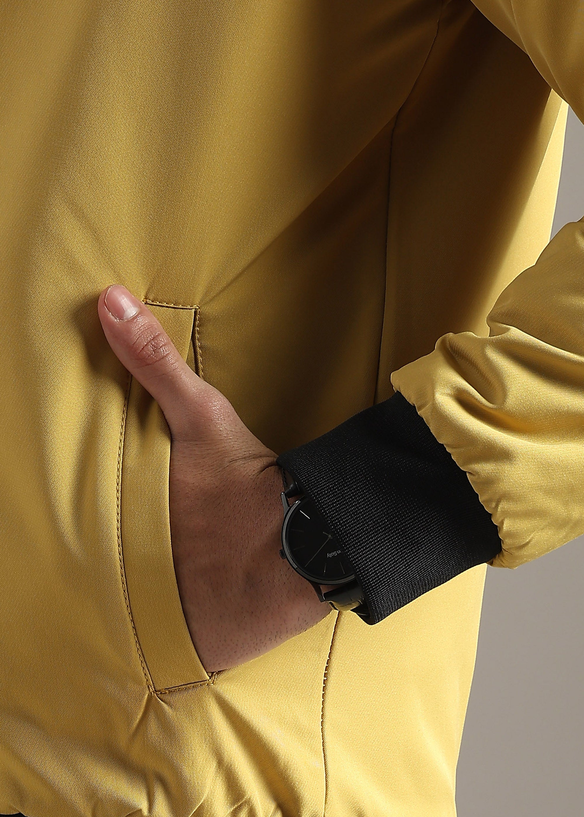 MUSTARD SOLID REVERSIBLE FAUX COTTON FULL SLEEVE JACKET