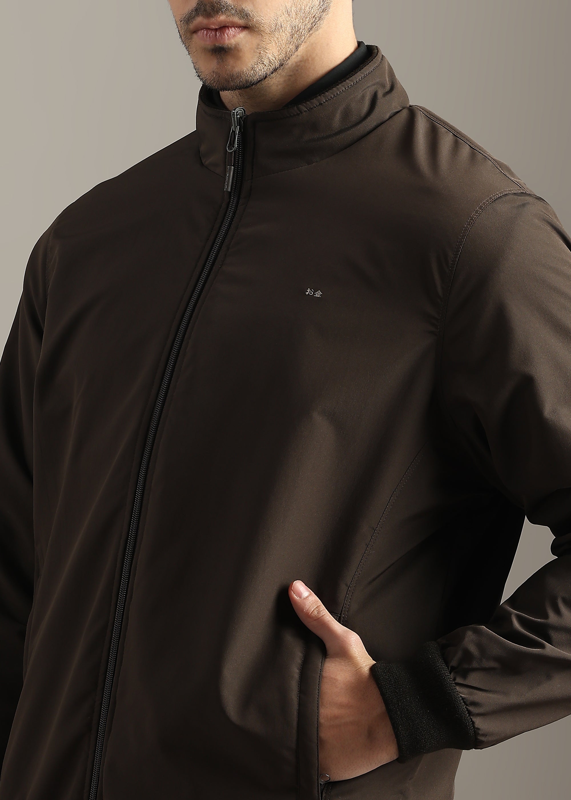 BROWN REVERSIBLE FULL SLEEVE JACKET WITH ENGINEERED SWEATER