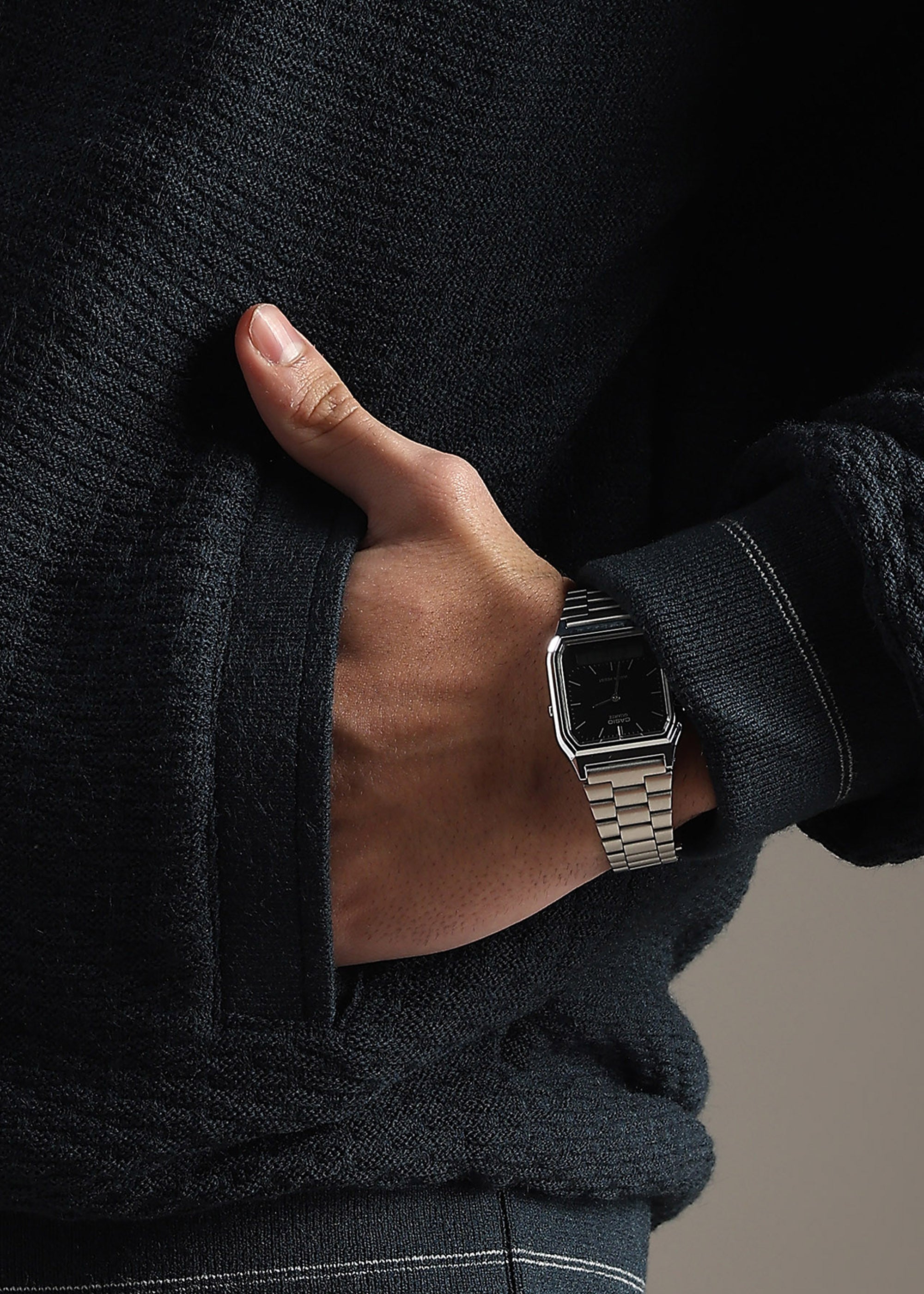 NAVY SOLID REVERSIBLE FULL SLEEVE JACKET WITH ENGINEERED SWEATER