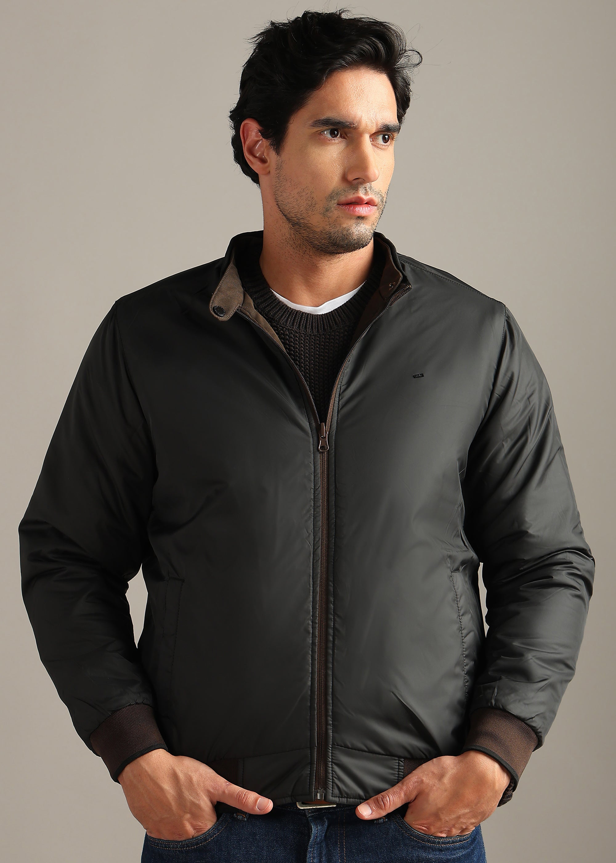 BROWN SOLID REVERSIBLE TEXTURED FULL SLEEVE JACKET