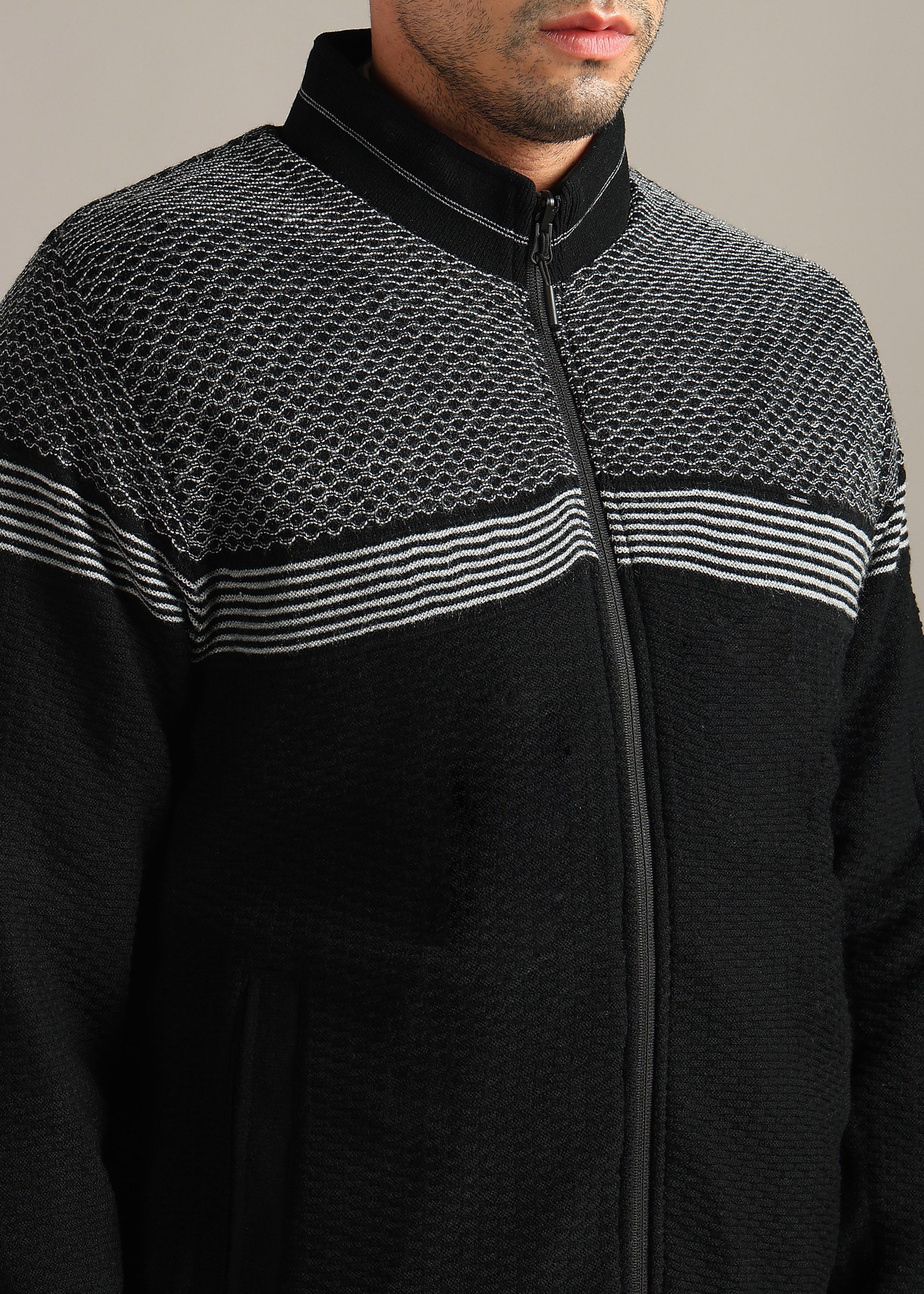 BLACK SOLID REVERSIBLE FULL SLEEVE JACKET WITH ENGINEERED SWEATER