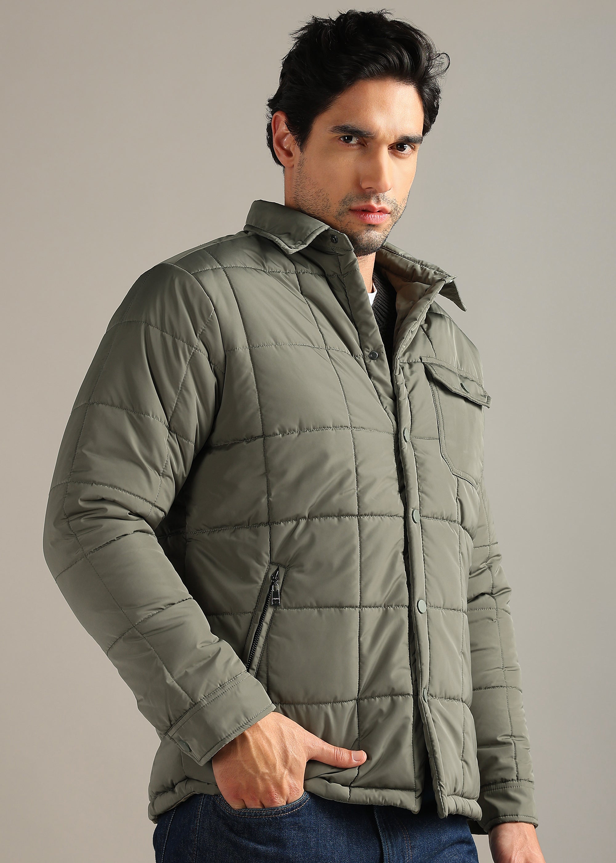 OLIVE BLOUSON QUILTED FULL SLEEVE JACKET